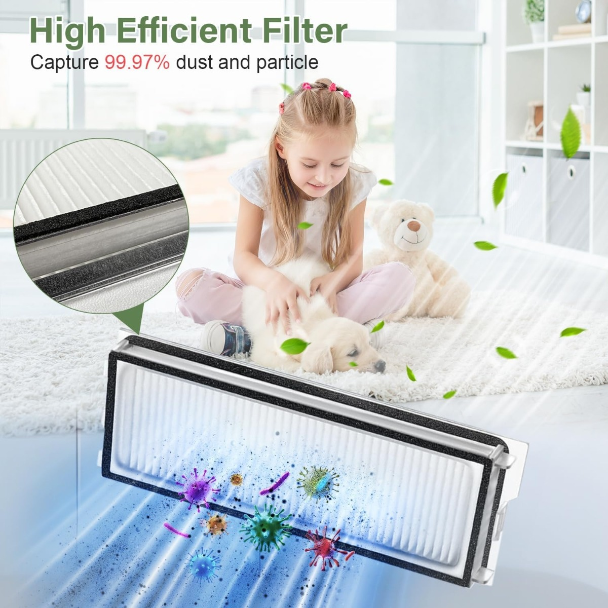 Un filtro ad alta efficienza rimuove polvere e particelle davanti alla scena di un bambino.