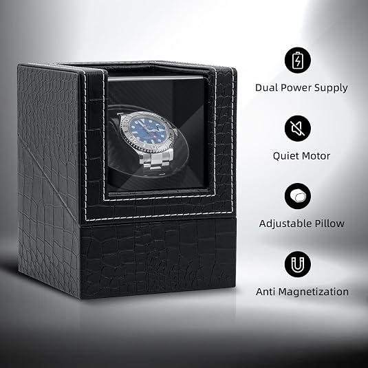 Eine schwarze UhrenbeweGER-Box mit Glasfenster zeigt eine Uhr im Inneren, neben Funktionssymbolen.