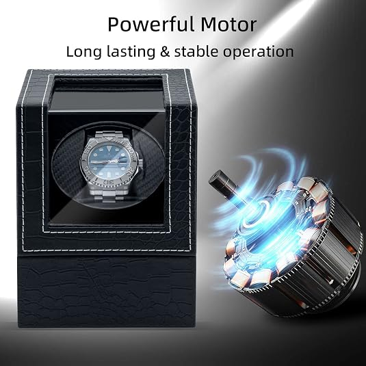 Uhrenbeweger aus Leder mit rotierender Uhr und sichtbarem Motor mit blauem Licht.