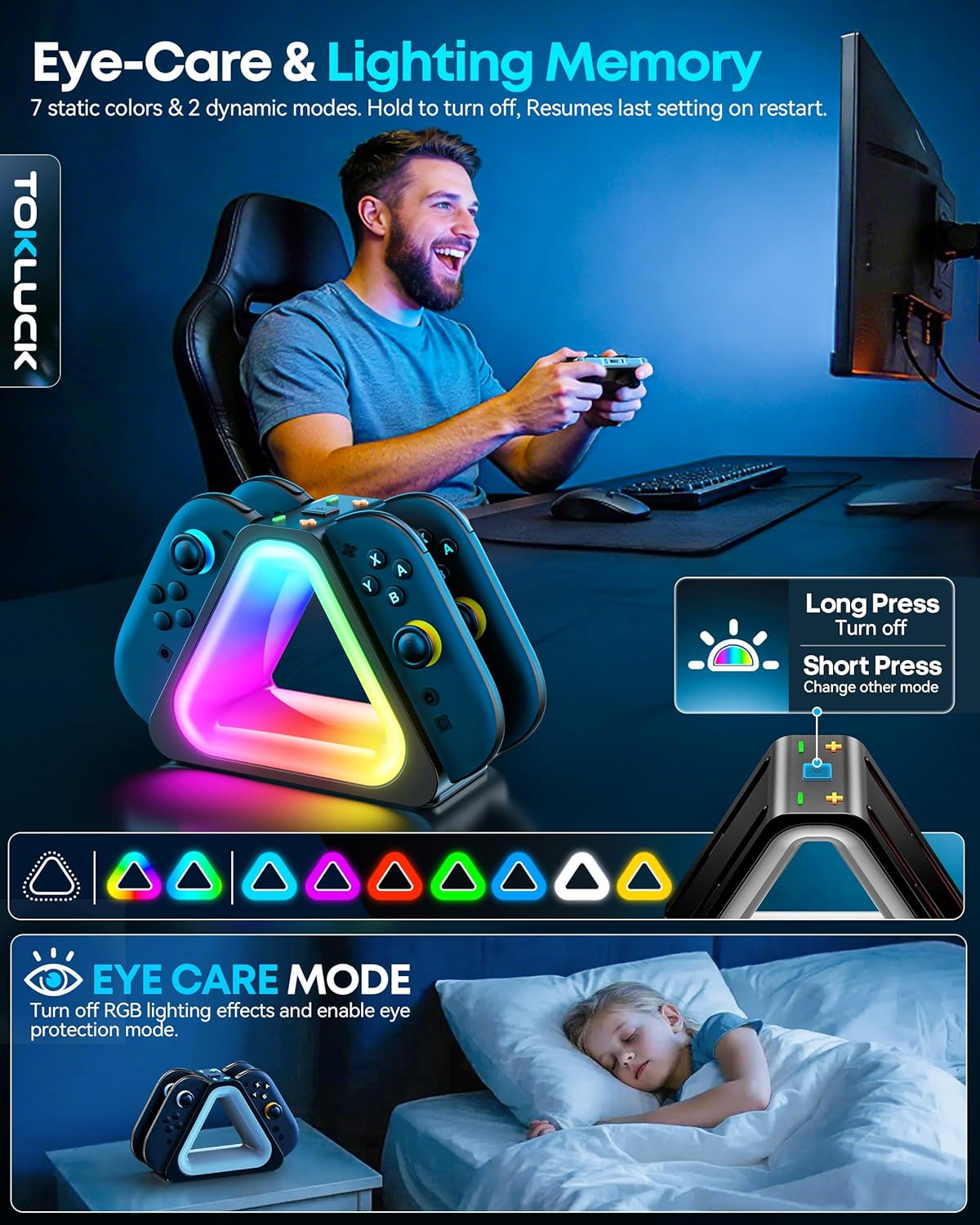 RGB-Controller-Ladestation mit Beleuchtungsmodi und Gamer im Hintergrund.