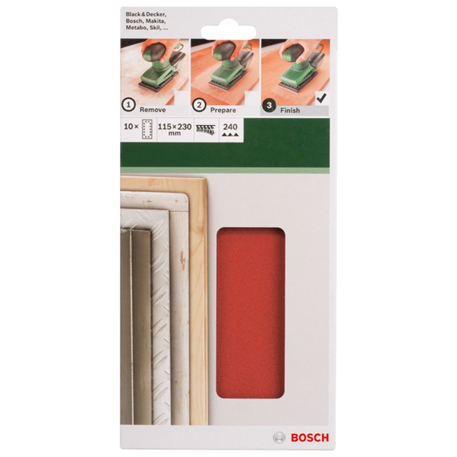 Bosch Schleifpapier Packung mit roten Schleifblättern und Anleitungsbildern.
