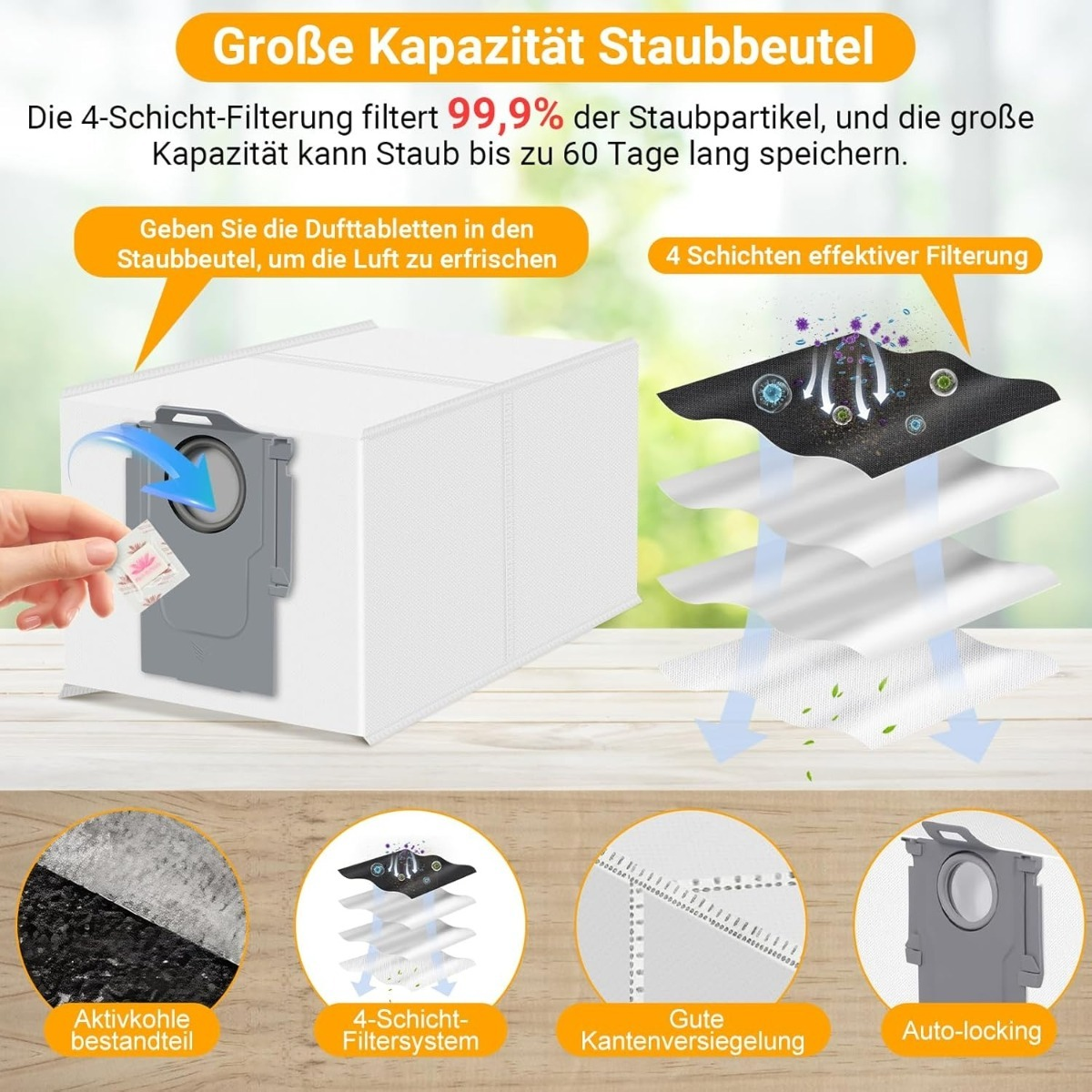 Grafica del prodotto che mostra un sacchetto per la polvere bianco con sistema di filtraggio a 4 strati.