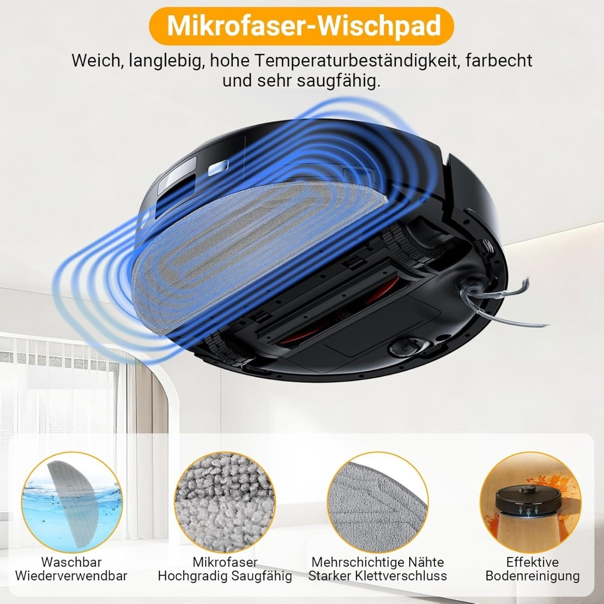 Robot aspirapolvere nero dal basso con panno in microfibra grigio e linee d'onda blu.