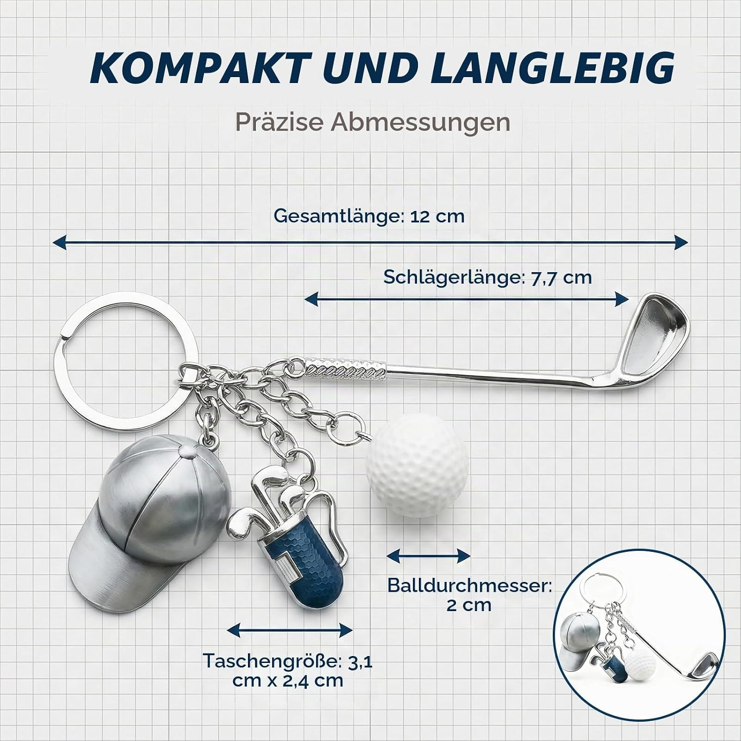 Golf-Schlüsselanhänger mit Maßen: Gesamtlänge 12 cm, Schläger 7,7 cm, Tasche 3,1x2,4 cm, Ball 2 cm Durchmesser.