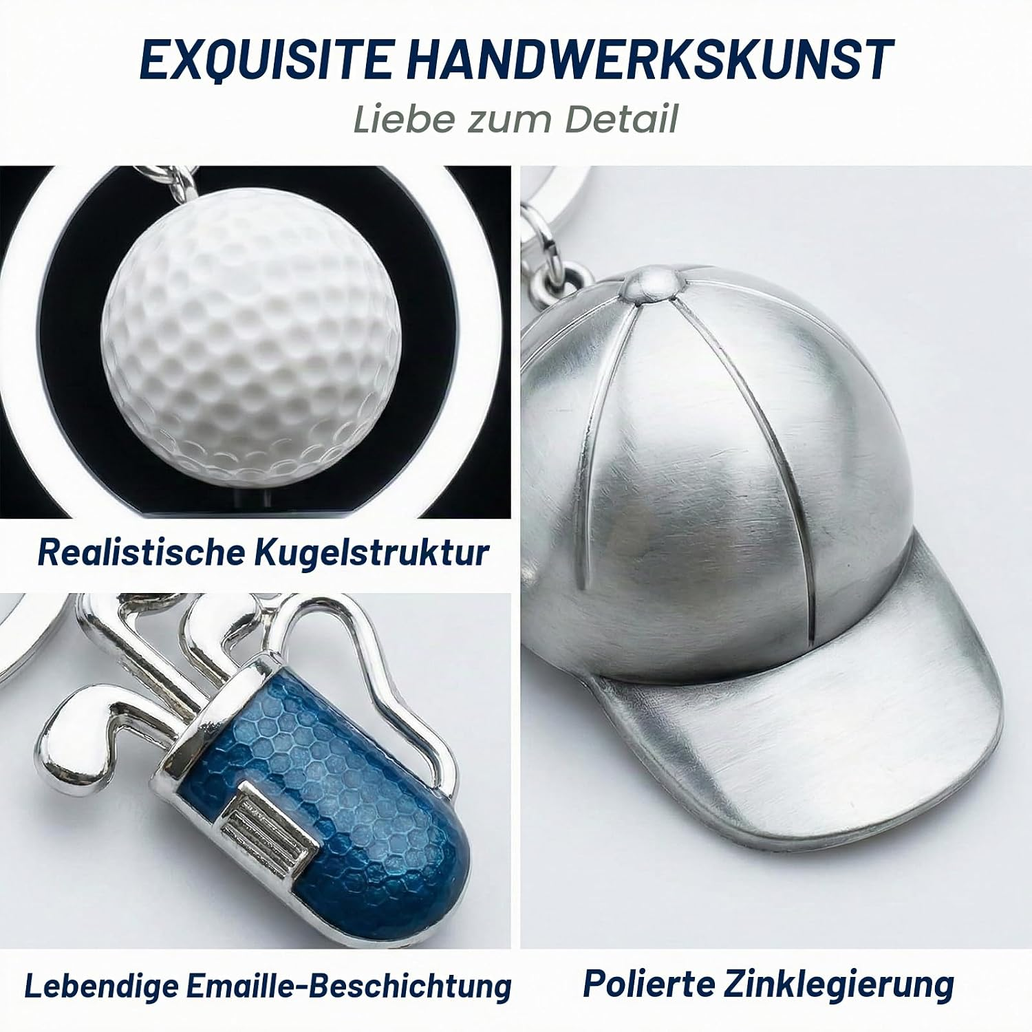 Detailansicht eines Golf-Schlüsselanhängers mit Ball, Kappe und Schlägertasche auf hellem Hintergrund.