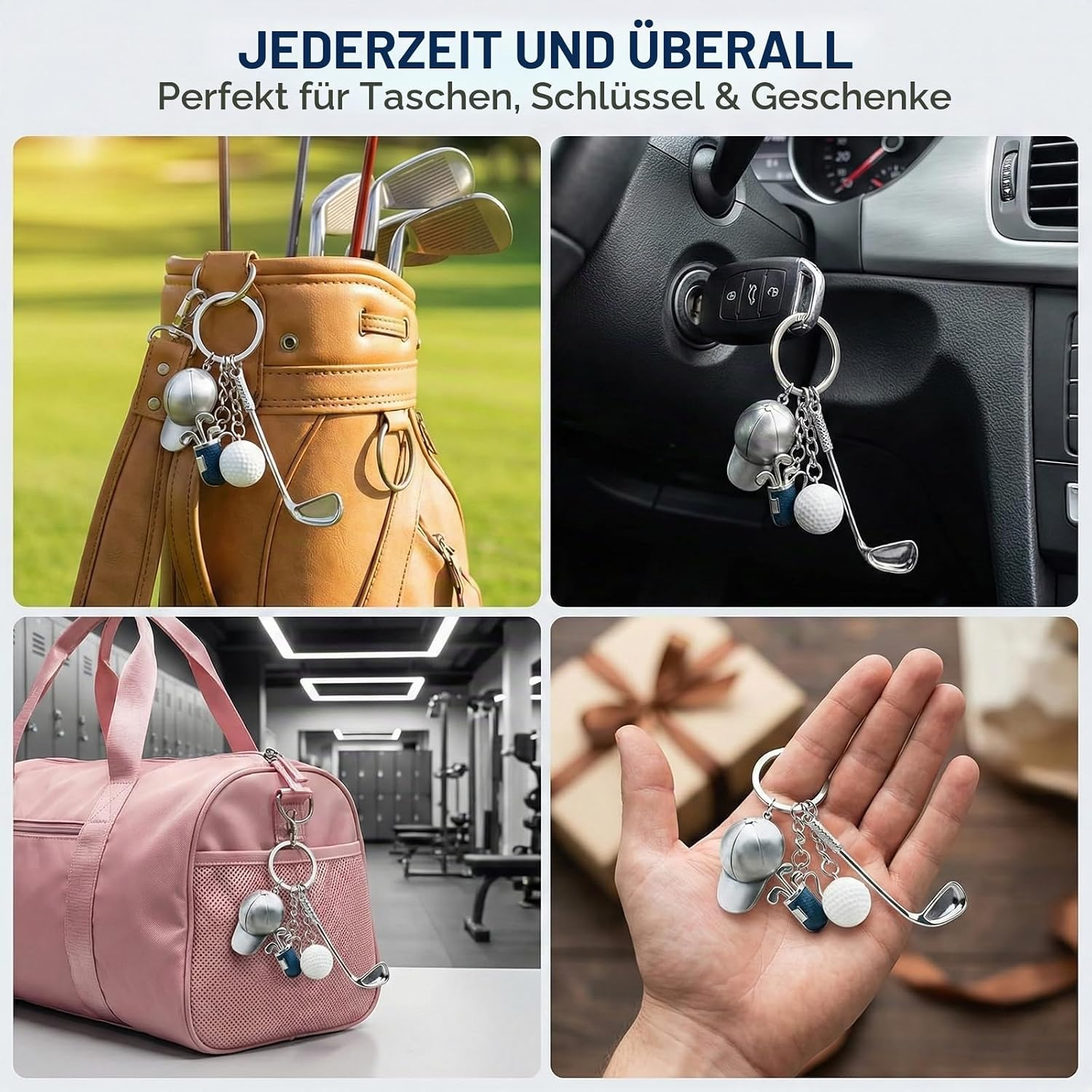 Vier Bilder zeigen einen Golf-Schlüsselanhänger an einer Golftasche, im Auto, an einer Sporttasche und in einer Hand.