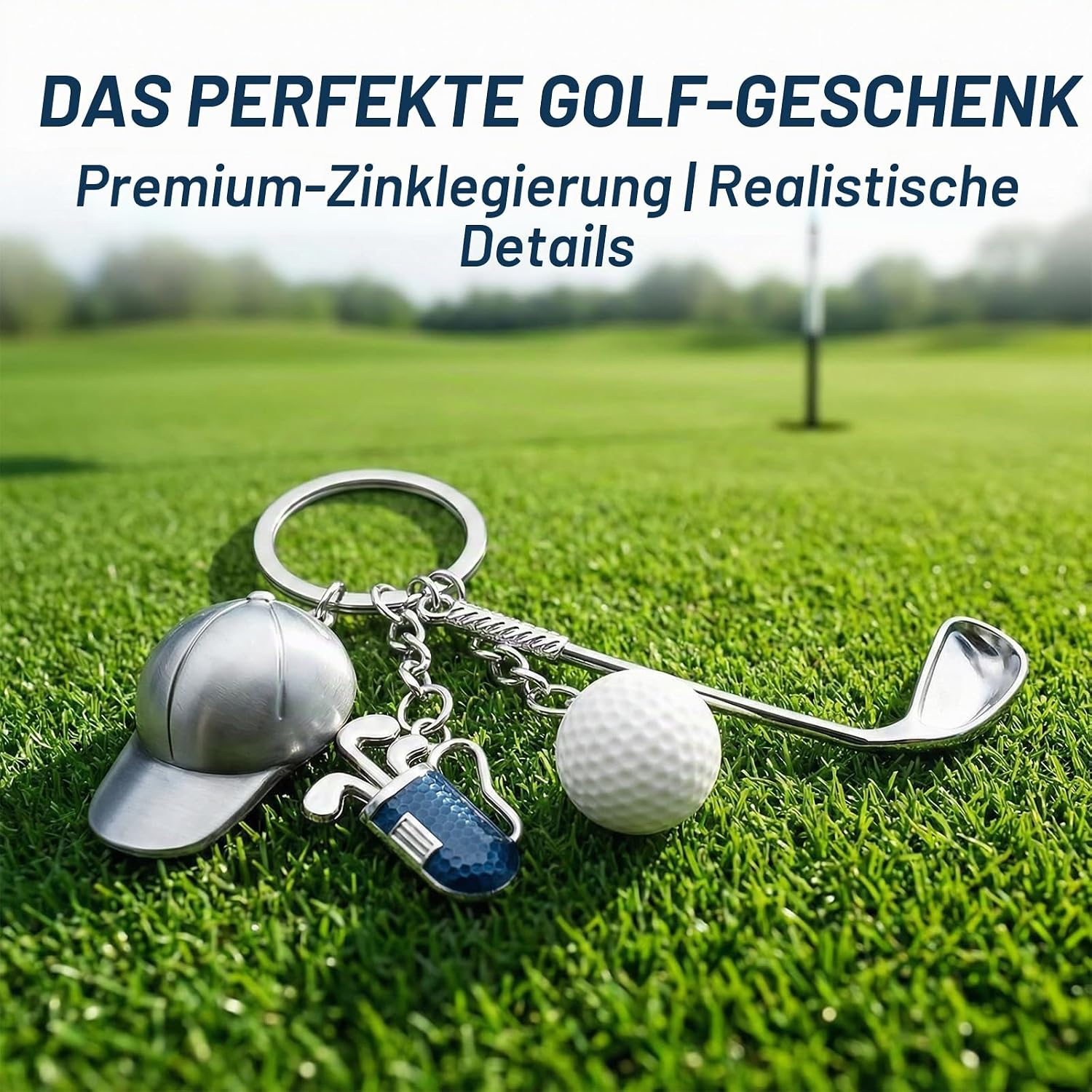 Ein Golf-Schlüsselanhänger mit Kappe, Schläger, Ball und Tasche auf Grün, mit deutschem Text oben.