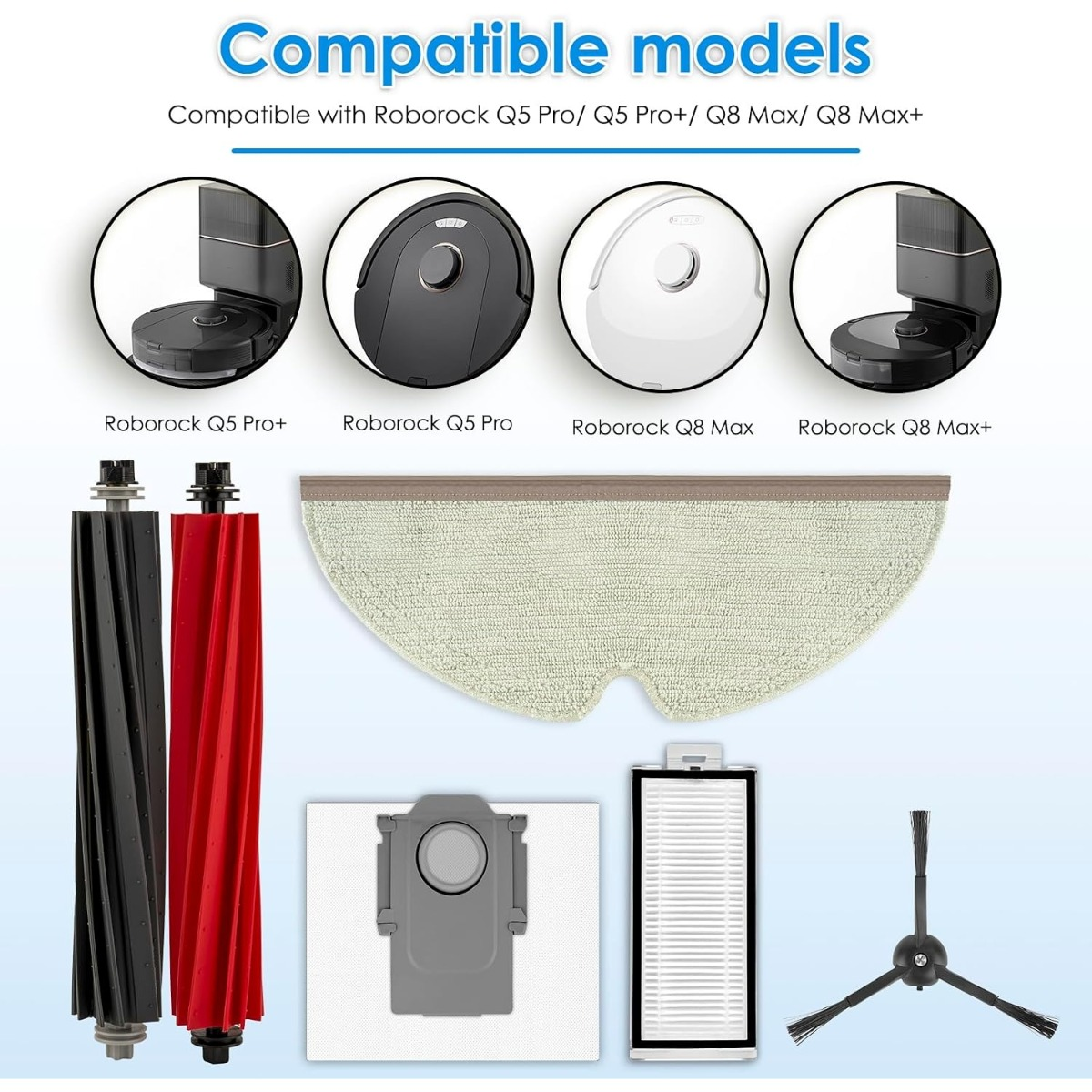 Kompatible Roborock-Modelle und Reinigungszubehör wie Rollen, Mop, Filter und Bürste.