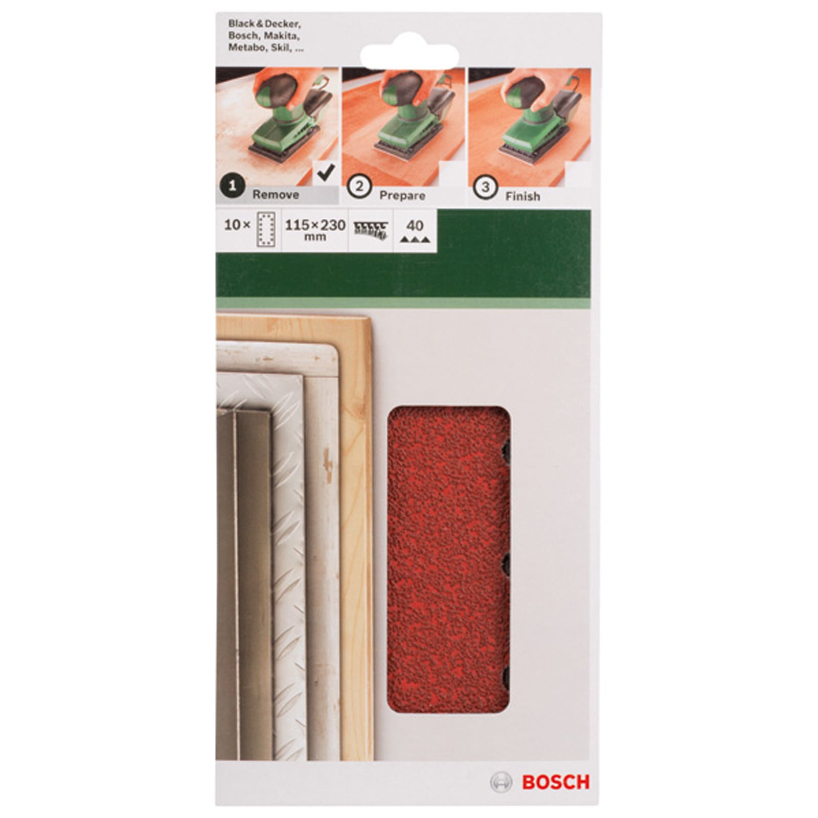 Bosch Schleifpapier-Verpackung mit Nutzungshinweisen und rotem Schleifpapier.