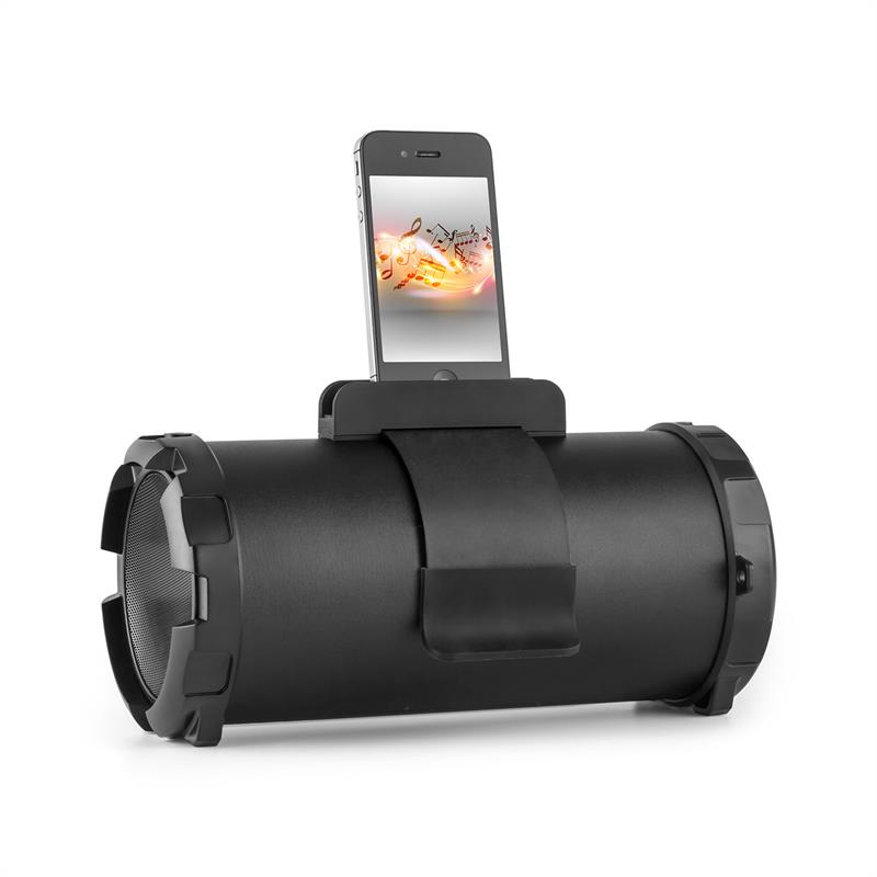 Ein zylindrischer schwarzer Bluetooth-Lautsprecher mit einer Smartphone-Halterung oben, in der ein Telefon steckt.
