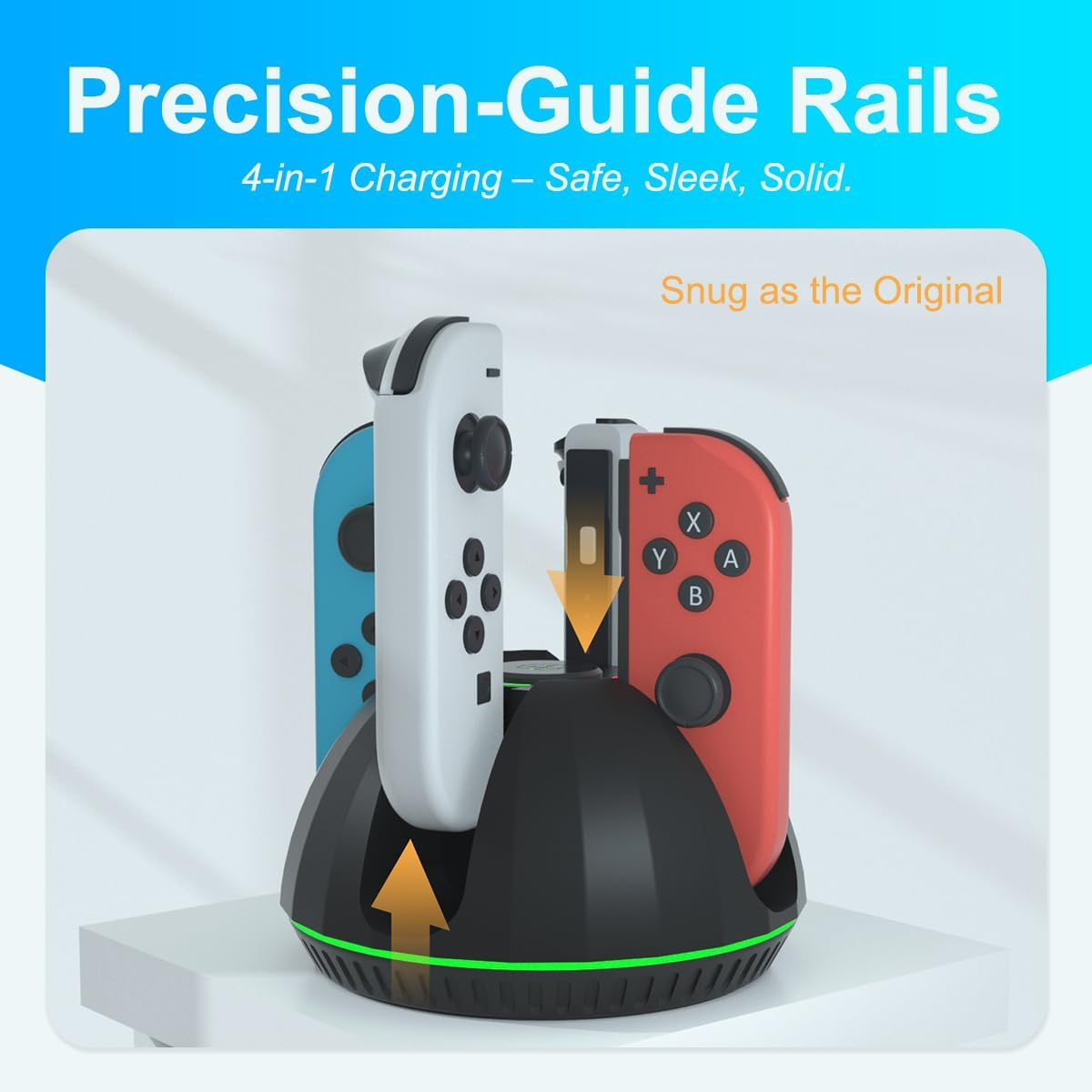 Eine schwarze Ladestation mit vier bunten Joy-Con-Controllern und Text oben.