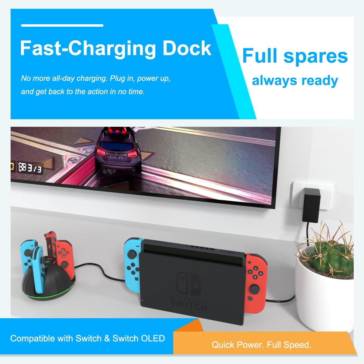 Eine Nintendo Switch-Konsole und eine Ladestation unter einem Fernseher mit einem Rennspiel.