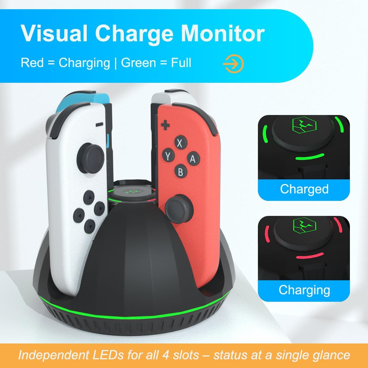 Nintendo Switch Joy-Con Ladestation mit grünen und roten LED-Anzeigen für den Ladestatus.