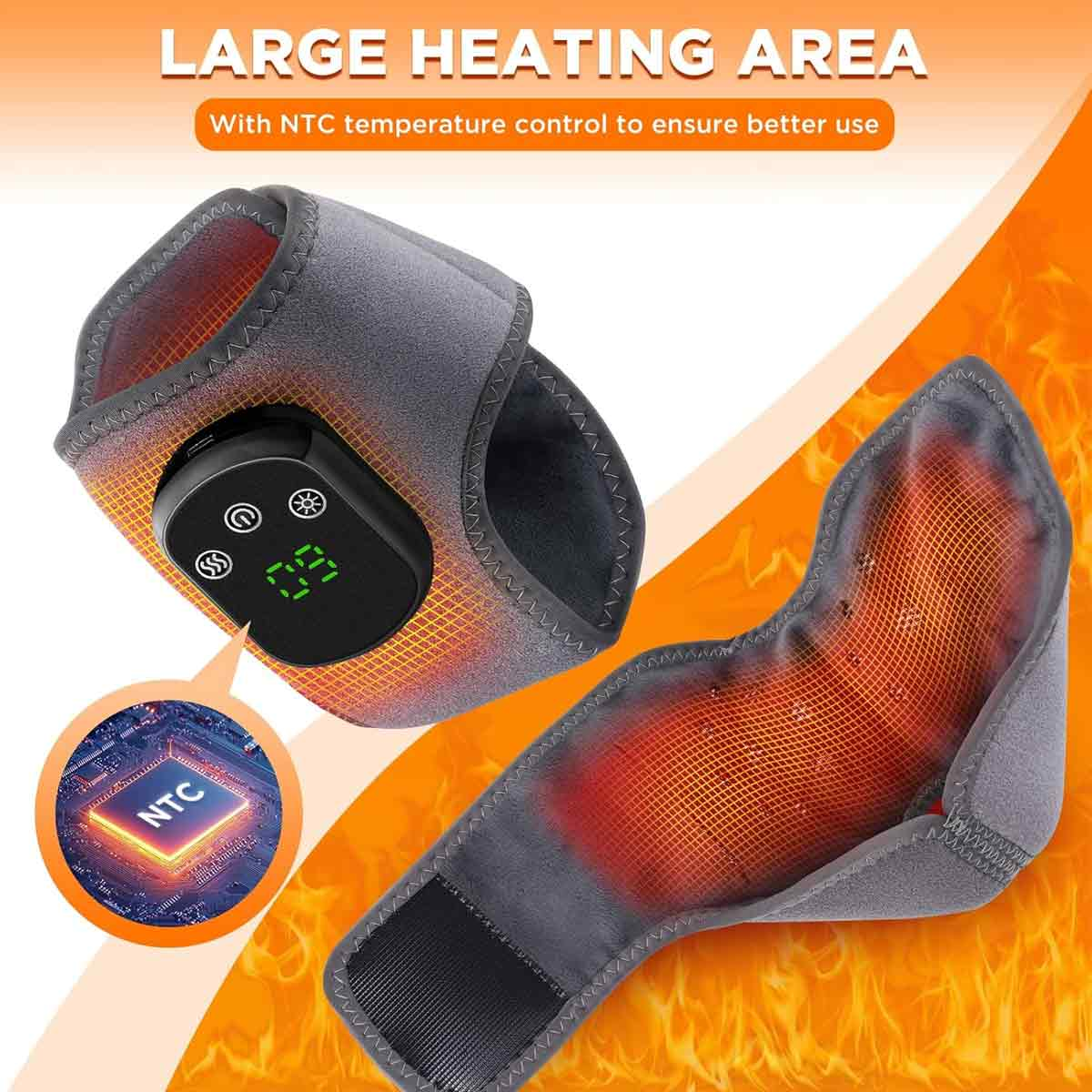 Graue, beheizbare Handgelenkbandage mit digitalem Display und NTC-Temperaturregelung vor orangefarbenem Hintergrund.