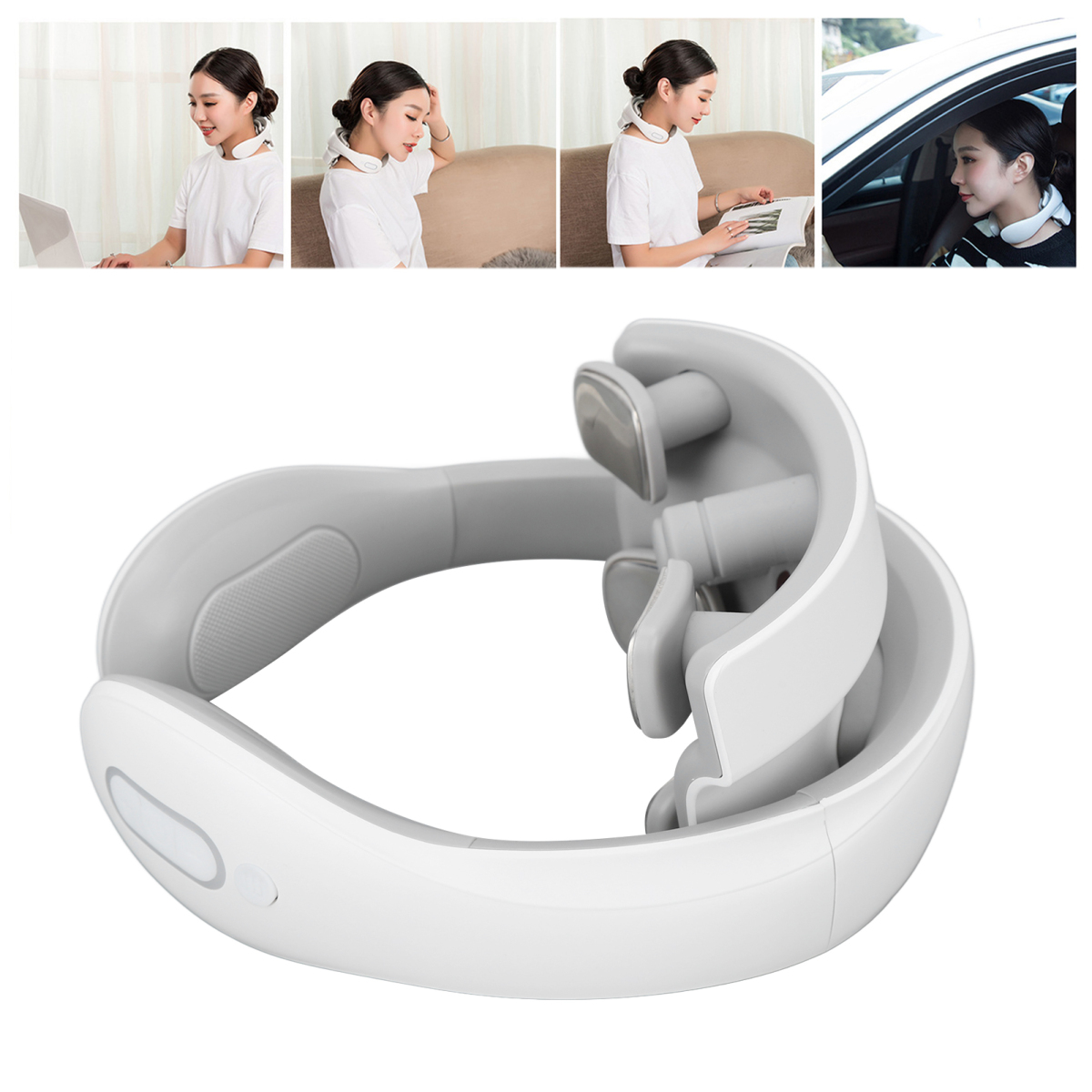 Ein weißer, ergonomischer Nackenmassagegerät mit verstellbaren Knoten, allein und von einer Frau getragen.