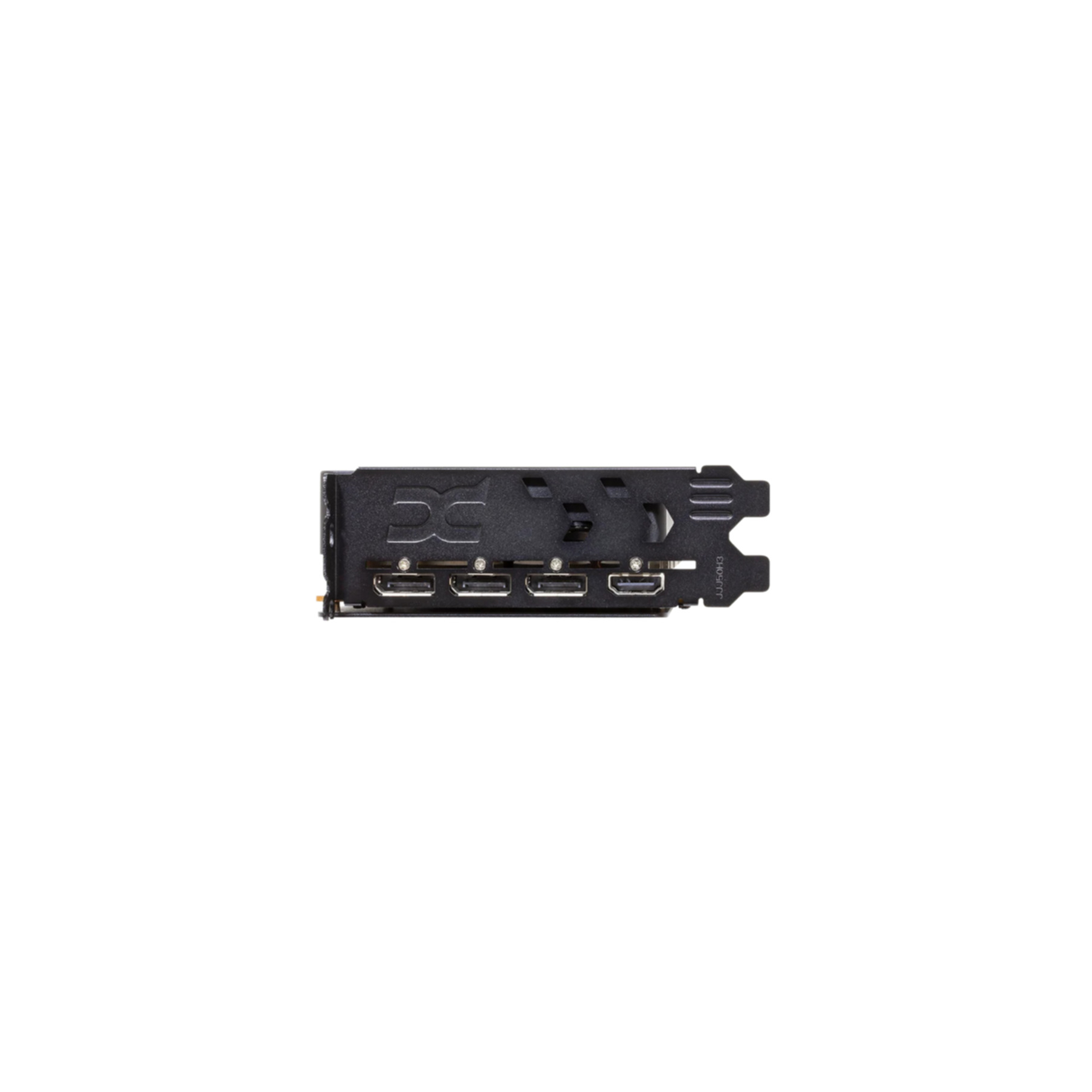 Tylny panel I/O karty graficznej z trzema portami DisplayPort i jednym portem HDMI na czarnym metalowym wsporniku.