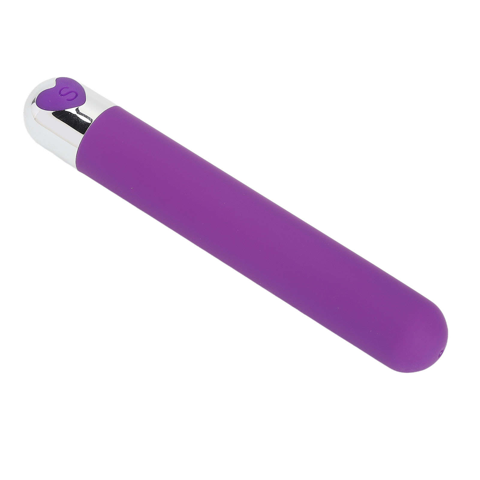 Ein zylinderförmiges, lila Sexspielzeug mit silbernem Ende und einem kleinen violetten herzförmigen Knopf auf weißem Grund.