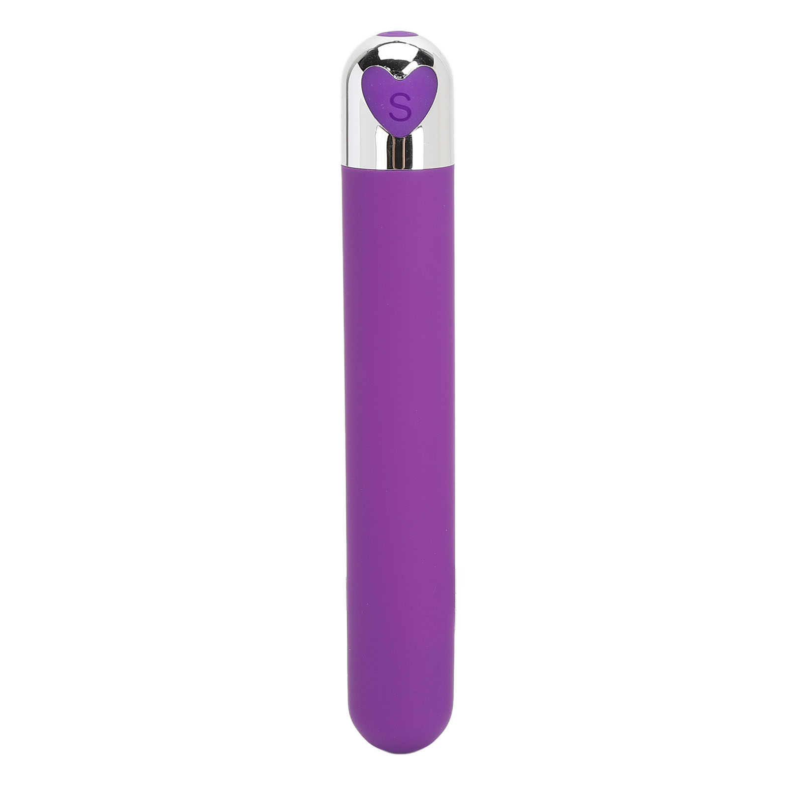 Ein lila zylindrischer Vibrator mit silberner Kappe und einem lila Herz.