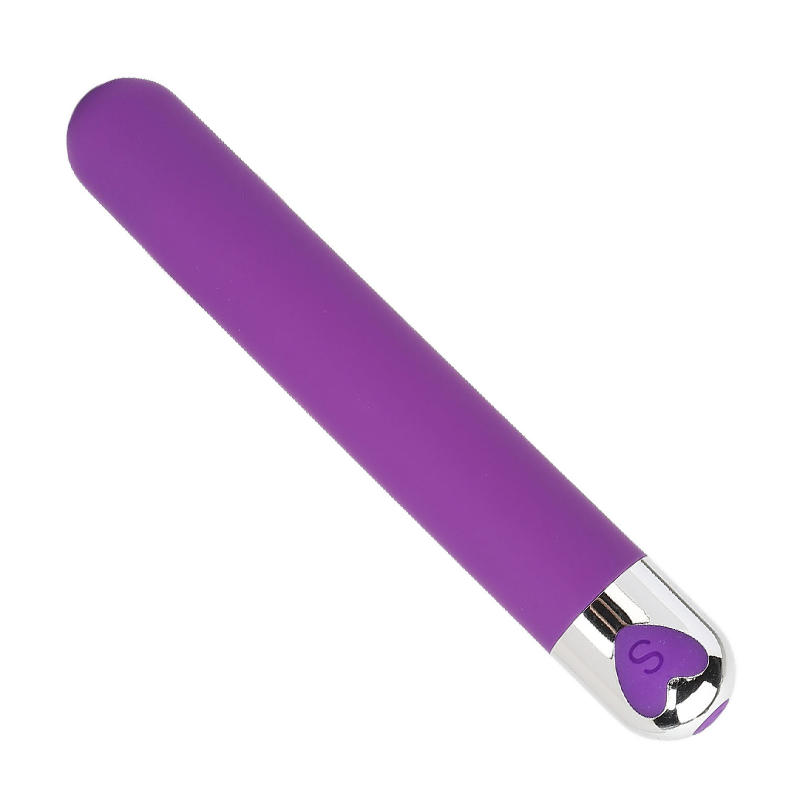 Ein schlanker, violetter Massagevibrator mit silberner Kappe und Herzsymbol auf weißem Hintergrund.
