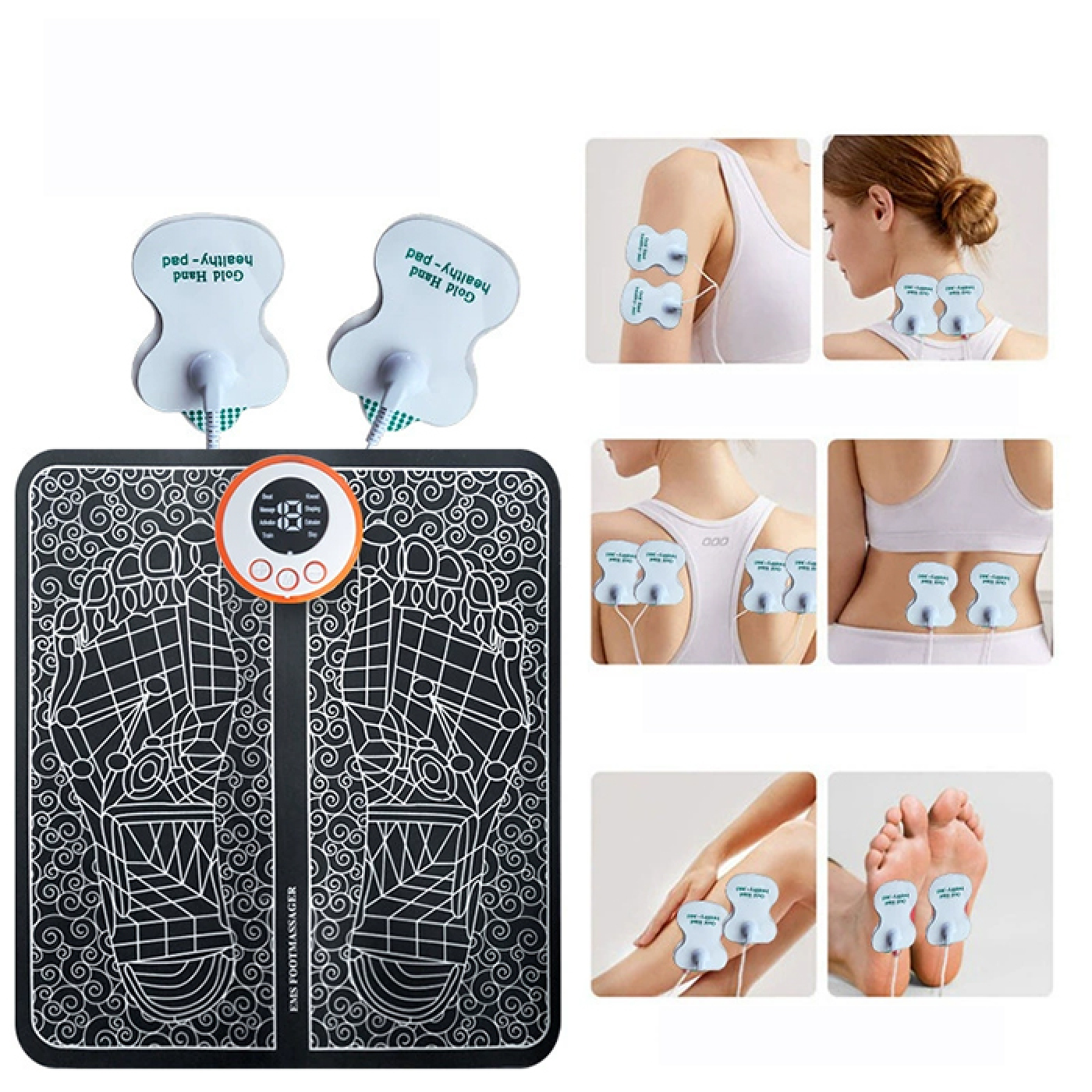 EMS-Fußmassagegerät mit Pads für verschiedene Körperteile.