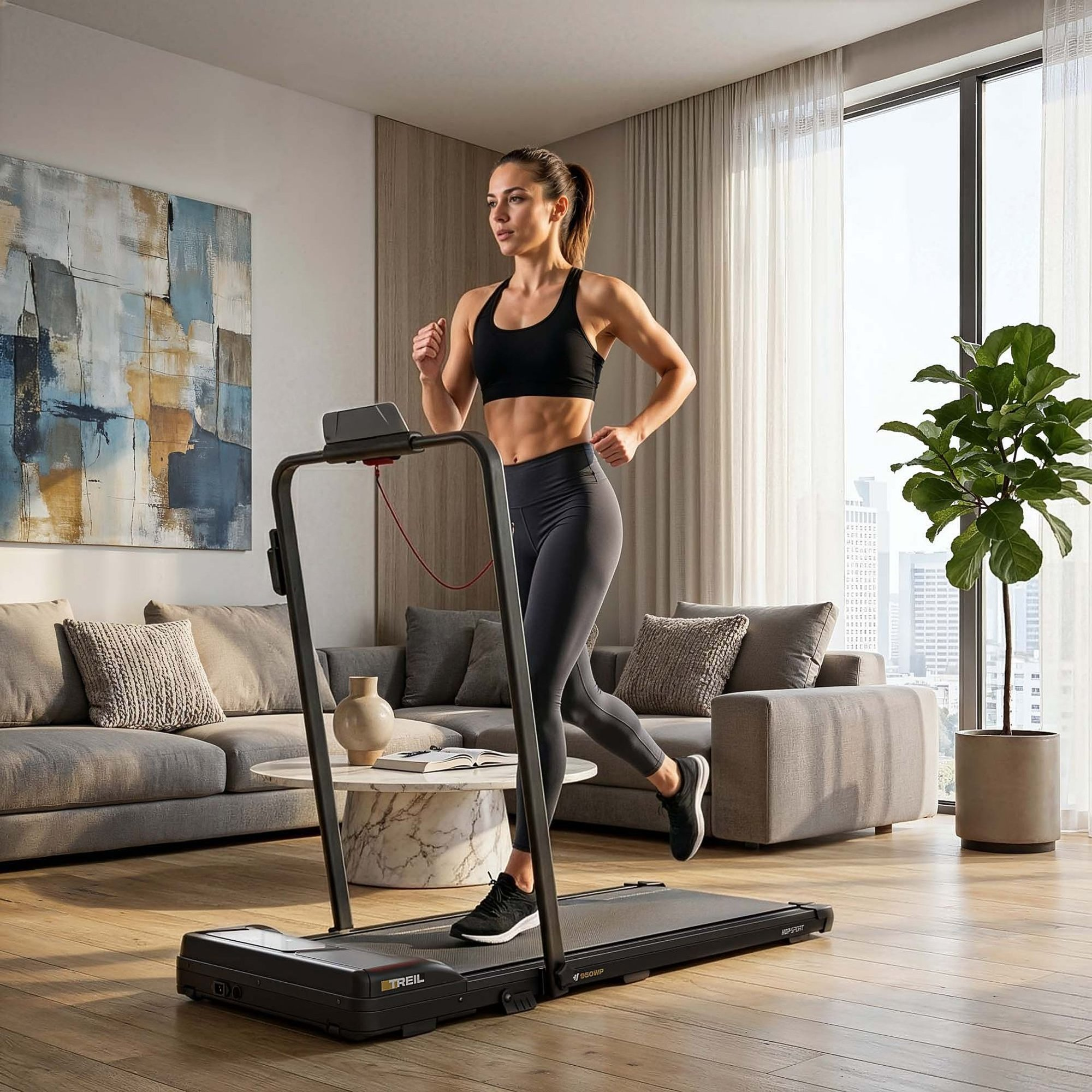 Eine Frau in Sportkleidung läuft auf einem Laufband in einem modernen Wohnzimmer mit Sofa und Pflanze.