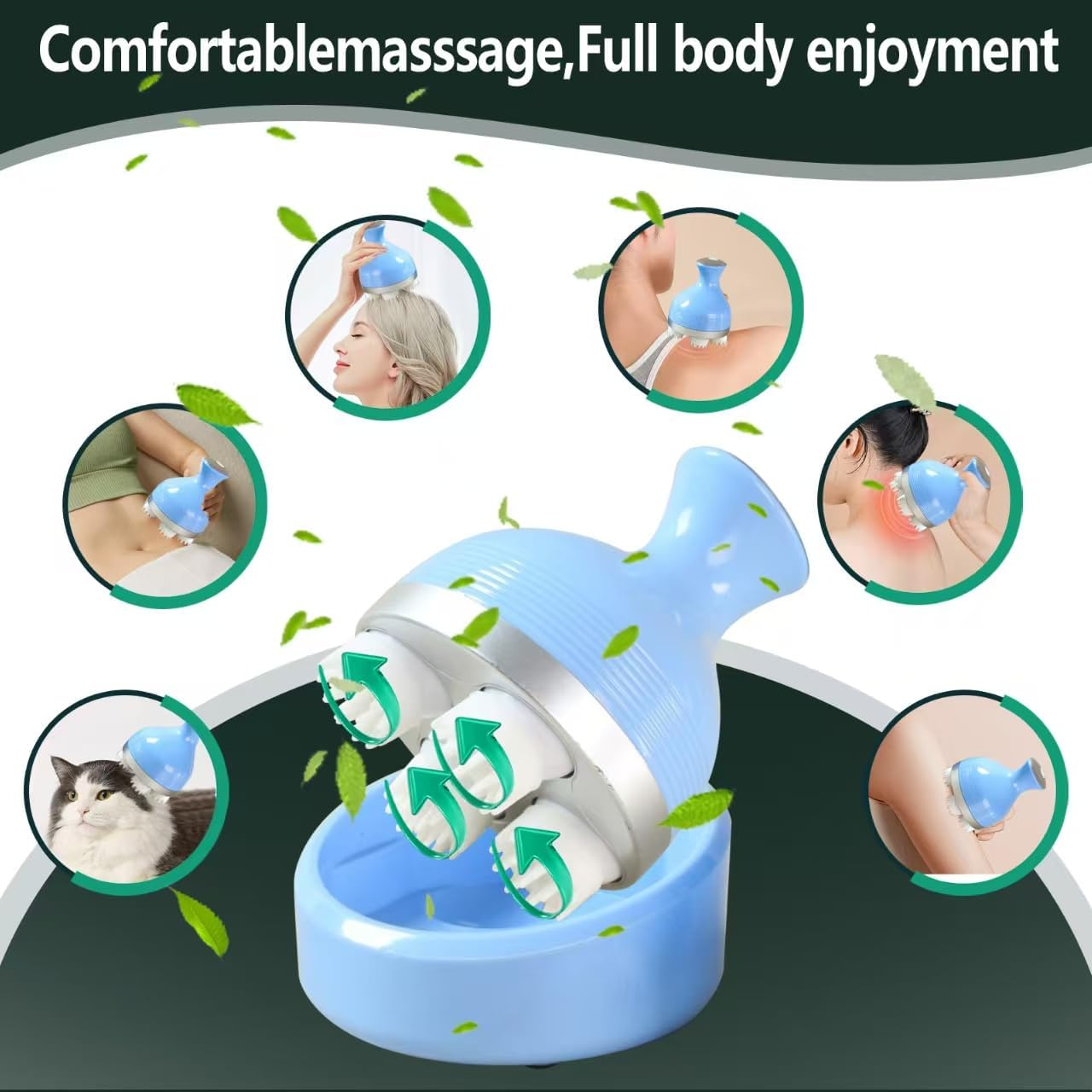 Ein blaues Massagegerät mit rotierenden Köpfen für Körper und Haustiere.