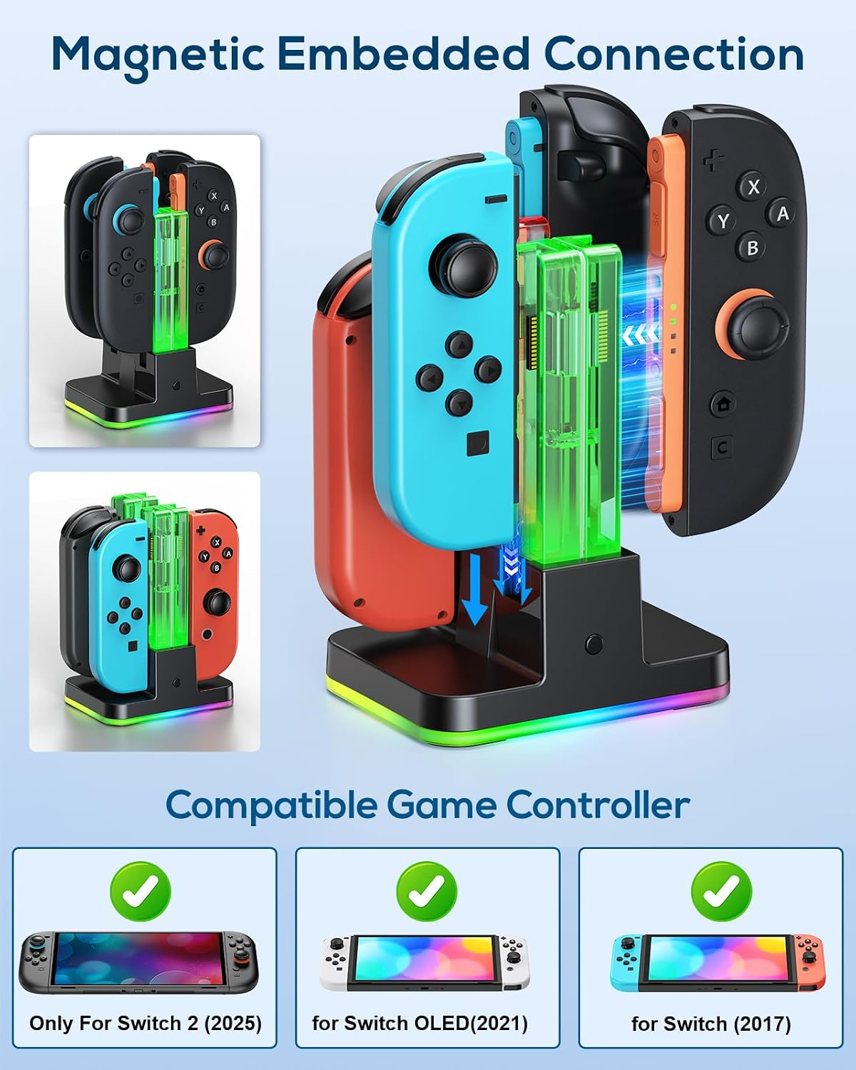 Beleuchtete Ladestation für Nintendo Switch Controller, kompatibel mit verschiedenen Modellen.