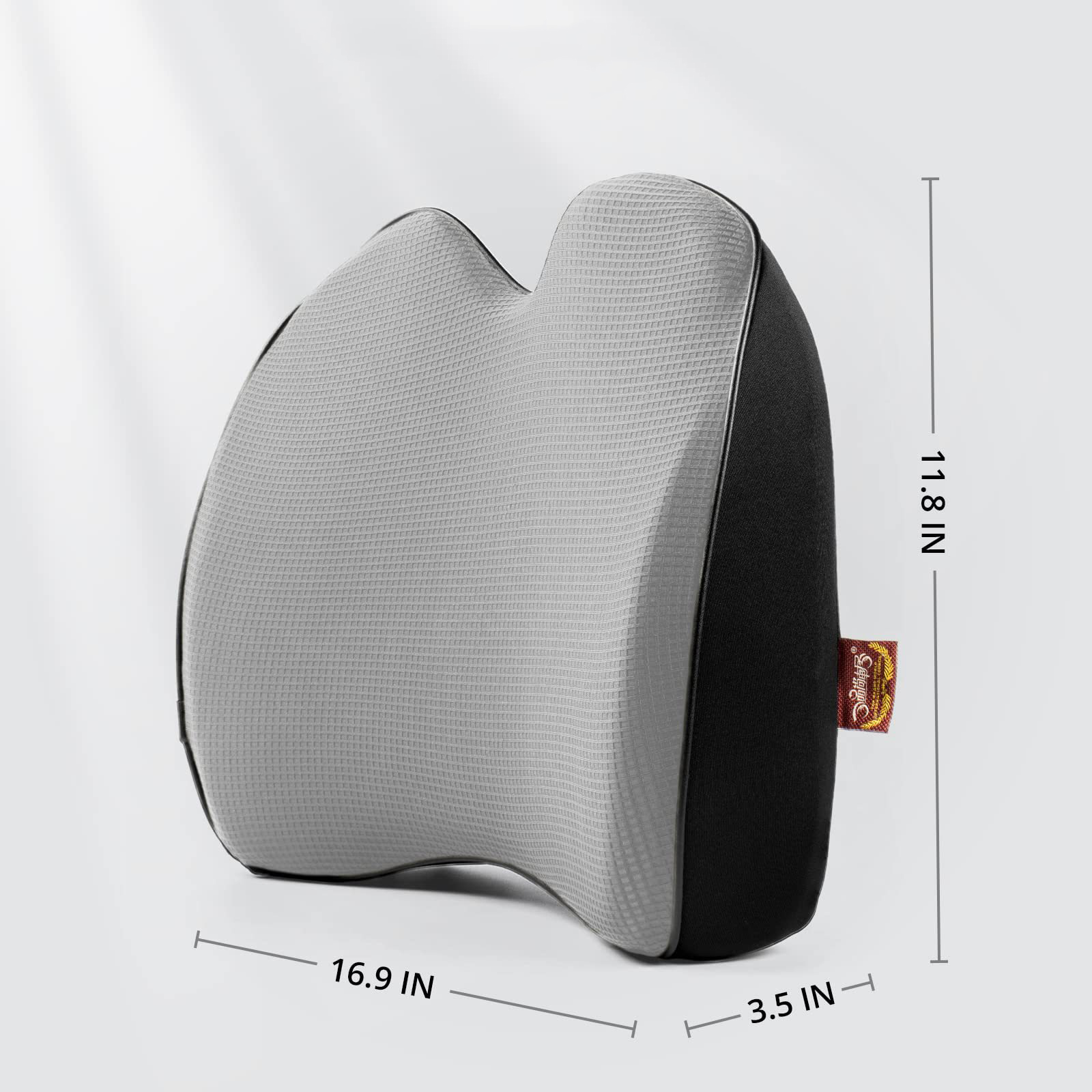Graues und schwarzes ergonomisches Lendenkissen mit Maßangaben.
