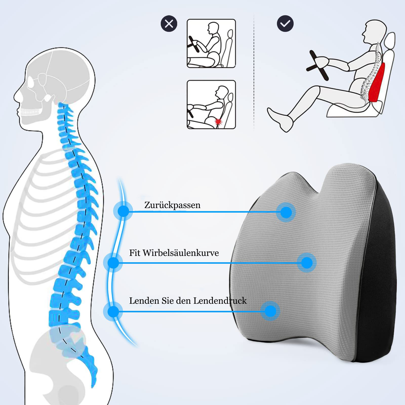 Diagramm zeigt ergonomisches Rückenkissen für das Auto und dessen Anpassung an die Wirbelsäule.