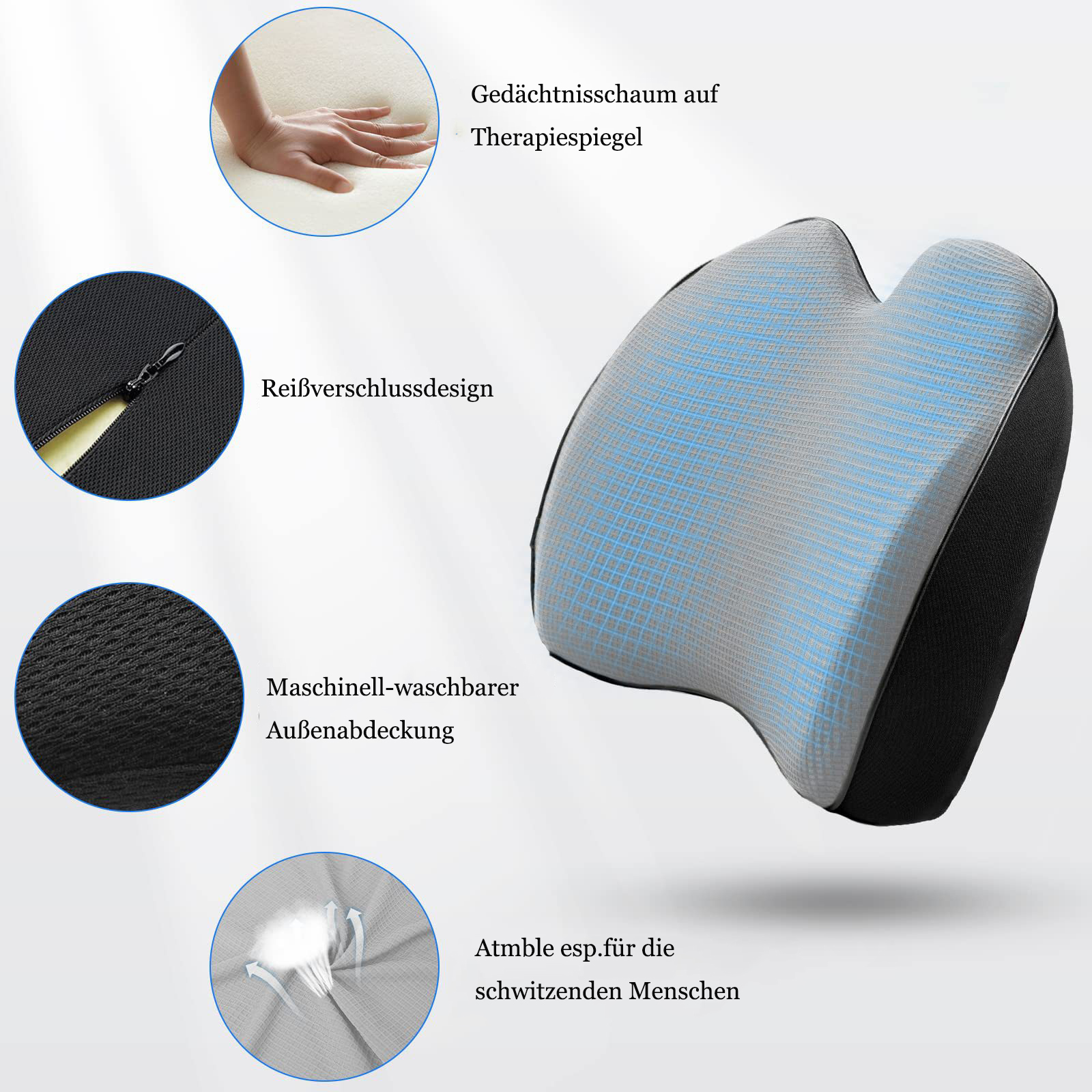 Ein ergonomisches Rückenkissen mit Memory-Schaum, waschbarem Bezug, Reißverschluss und atmungsaktivem Stoff.