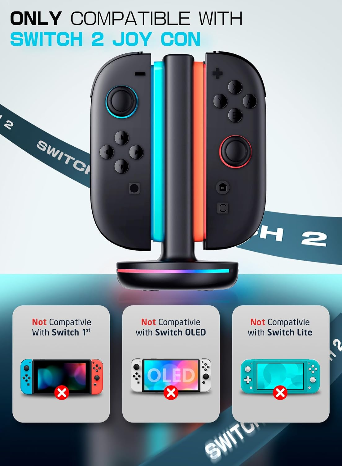 Landeinheit für Switch 2 Joy-Cons mit Kompatibilitätswarnungen unten.