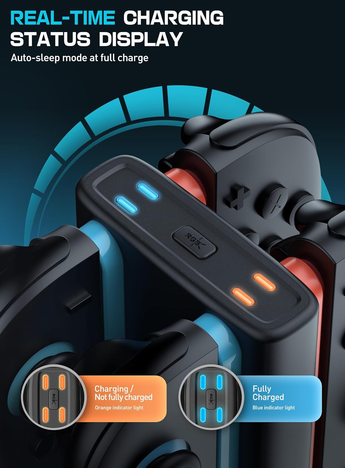 Eine schwarze Ladestation für Controller mit blauen und orangen Kontrollleuchten für den Ladestatus.