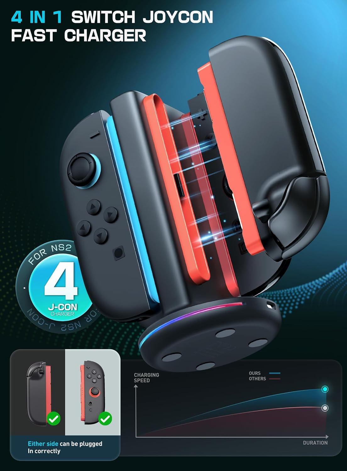 Ein schwarzer Nintendo Switch 4-in-1 Joy-Con-Schnelllader mit blauen und roten Akzenten auf blauem Hintergrund.