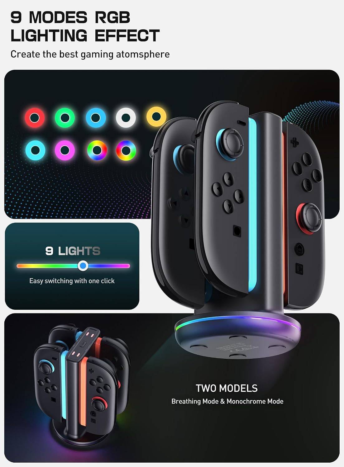 Eine schwarze Ladestation hält vier Controller mit bunten RGB-Lichteffekten und Modusoptionen.