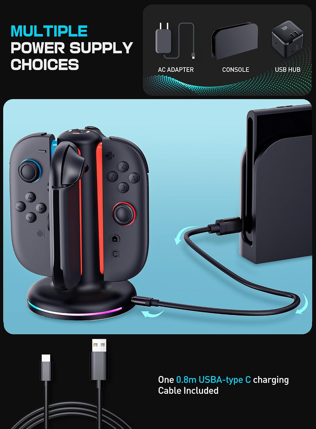Eine schwarze Switch-Ladestation mit Controllern und Konsole, mehreren Stromversorgungsoptionen und Kabel.