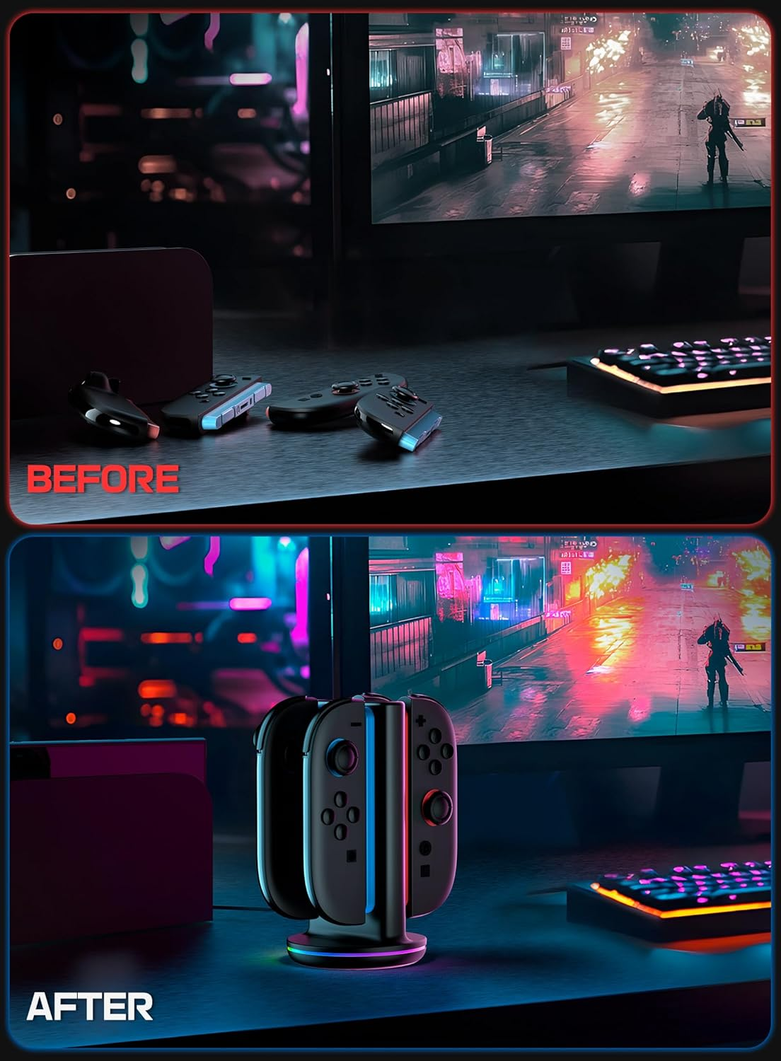 Vergleichsbilder zeigen Joy-Con-Controller flach auf dem Tisch vor und in einer vertikalen RGB-Ladestation nachher.