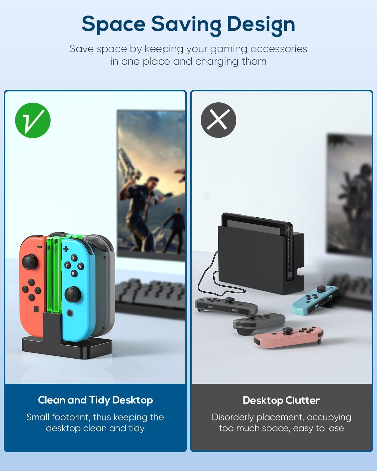 Vergleich eines ordentlichen Gaming-Tisches mit Ladestation und eines unordentlichen Tisches.