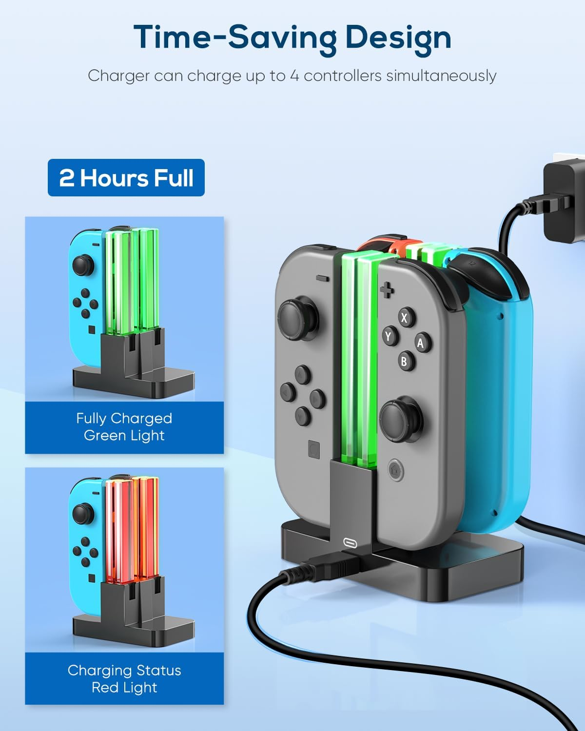 Nintendo Switch Controller-Ladestation mit vier Steckplätzen, rotem und grünem Ladestatuslicht.