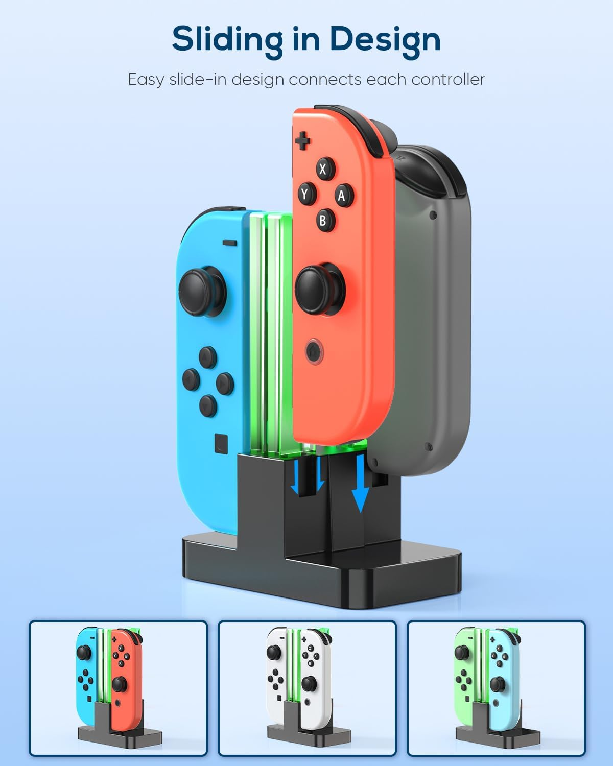 Ein schwarzer Ladeständer zeigt bunte Joy-Con-Controller in einer Diashow.
