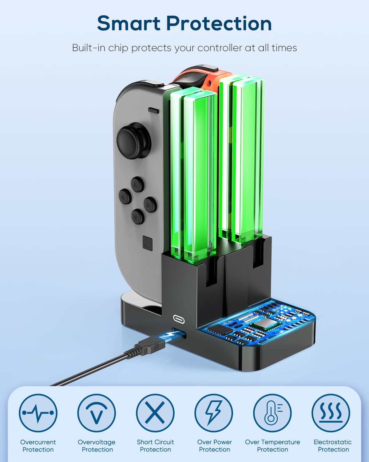 Schwarze Ladestation für Switch-Controller mit grünem Licht und integrierten Schutzfunktionen.