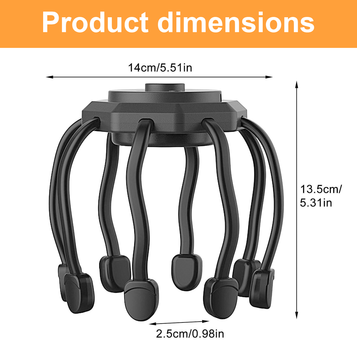 Produktabmessungen: schwarzes, spinnenartiges Gerät mit Maßen von 14 cm Breite, 13,5 cm Höhe und 2,5 cm Fußbreite.