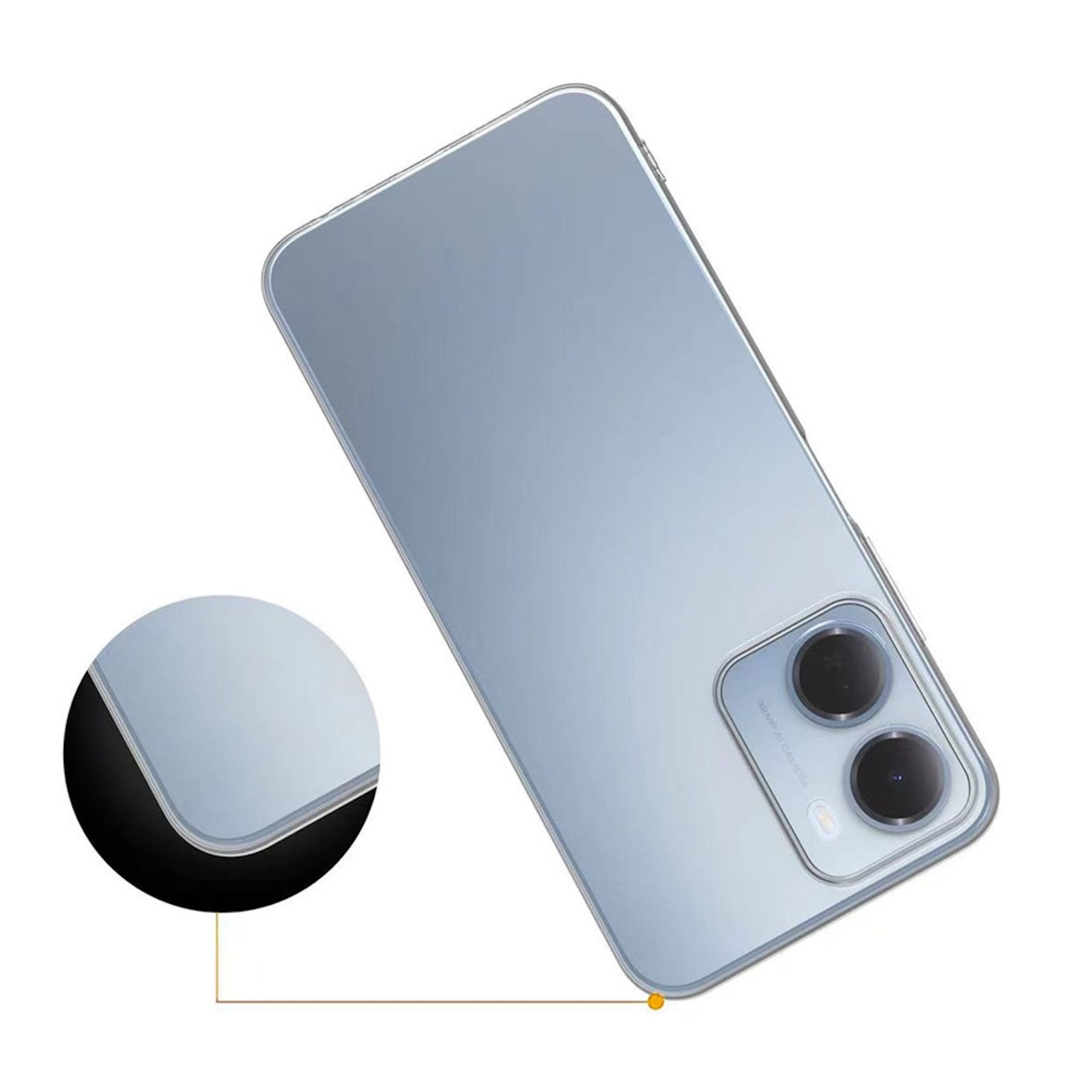 Blaue Smartphone-Rückseite mit zwei Kameraobjektiven und einer Lupe, die eine Ecke zeigt.