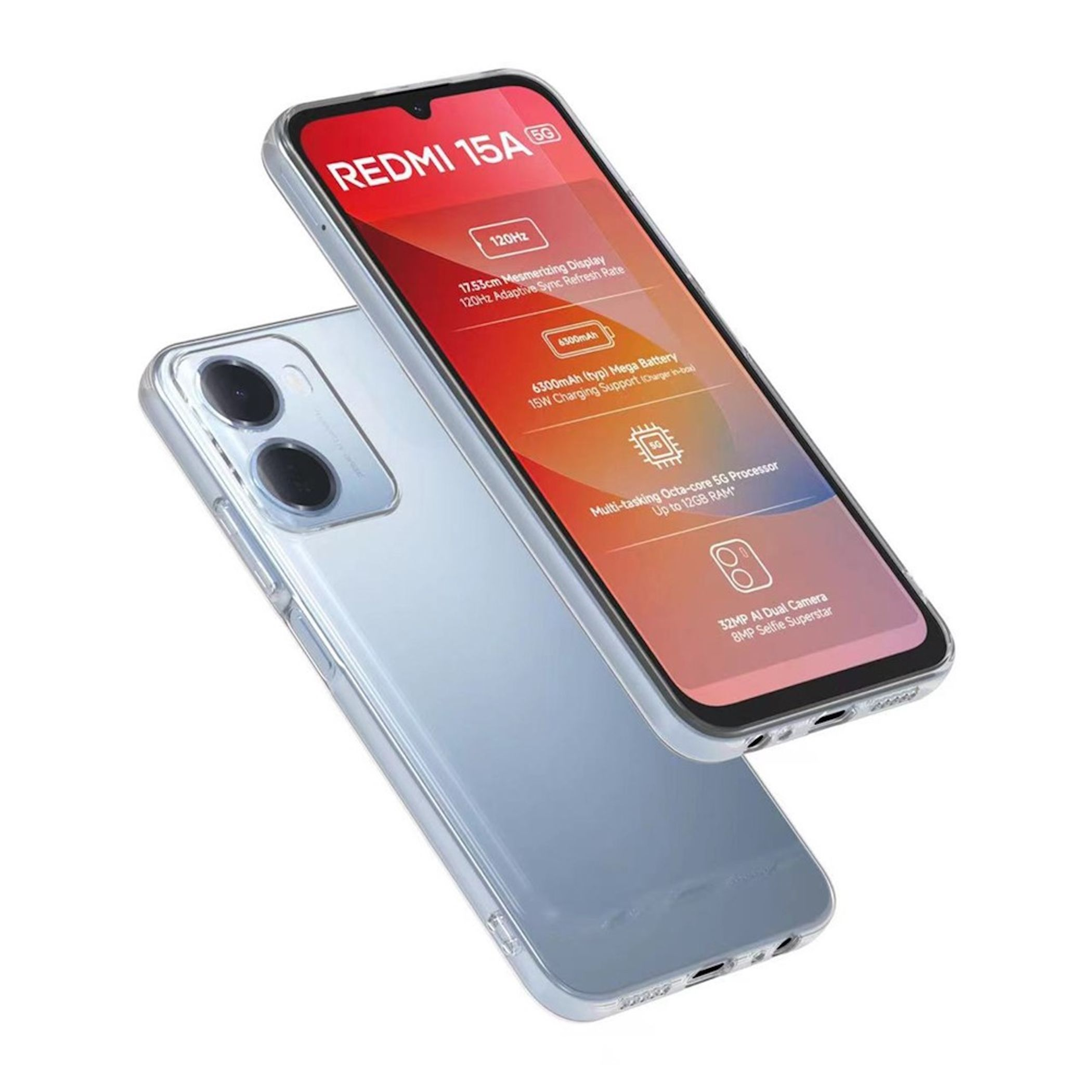 Redmi 15A 5G Smartphone in Silber mit transparentem Case, rotem Bildschirmtext und zwei Kameras hinten.