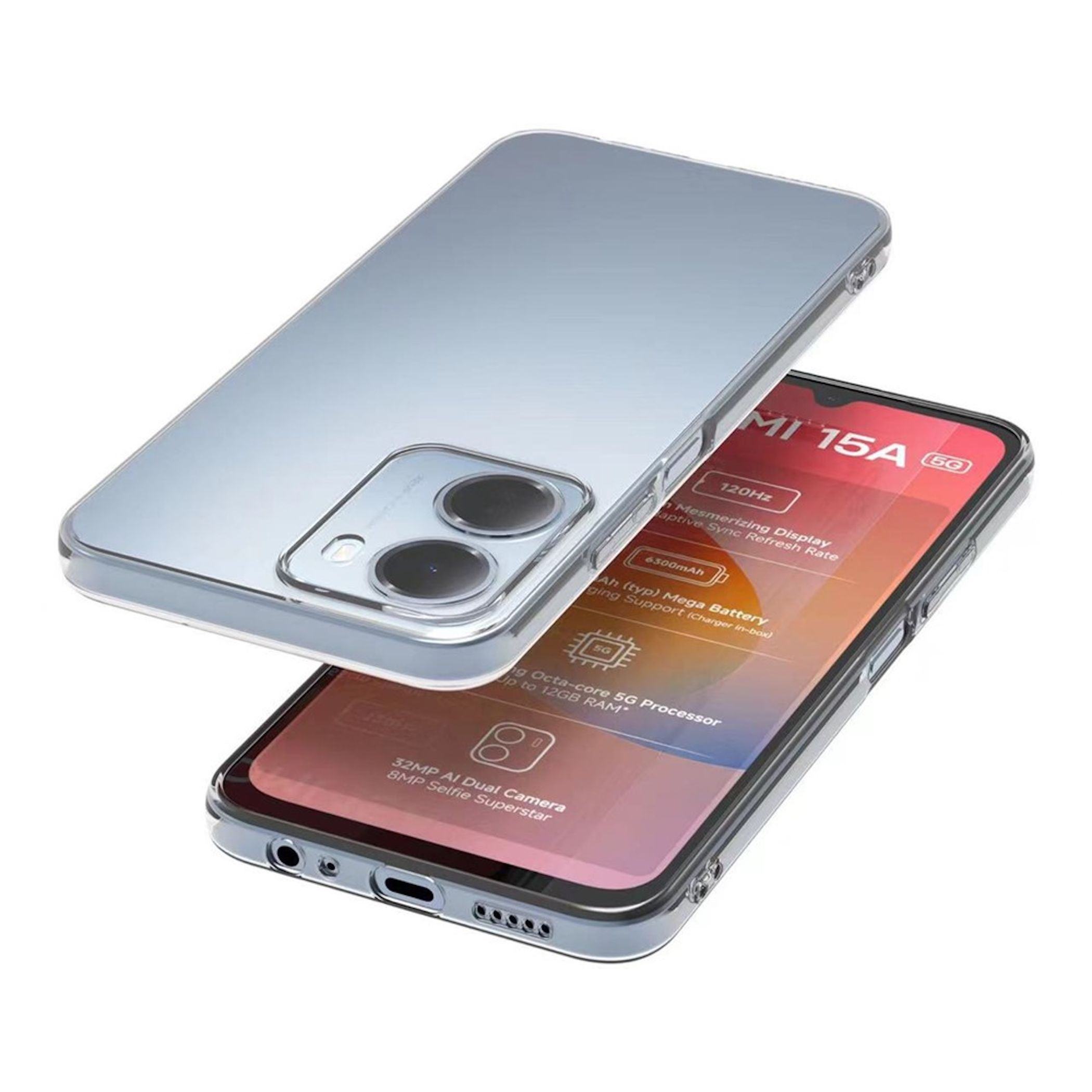 Ein Smartphone mit klarer Schutzhülle schwebt über einem weiteren Telefon, das Produktspezifikationen anzeigt.