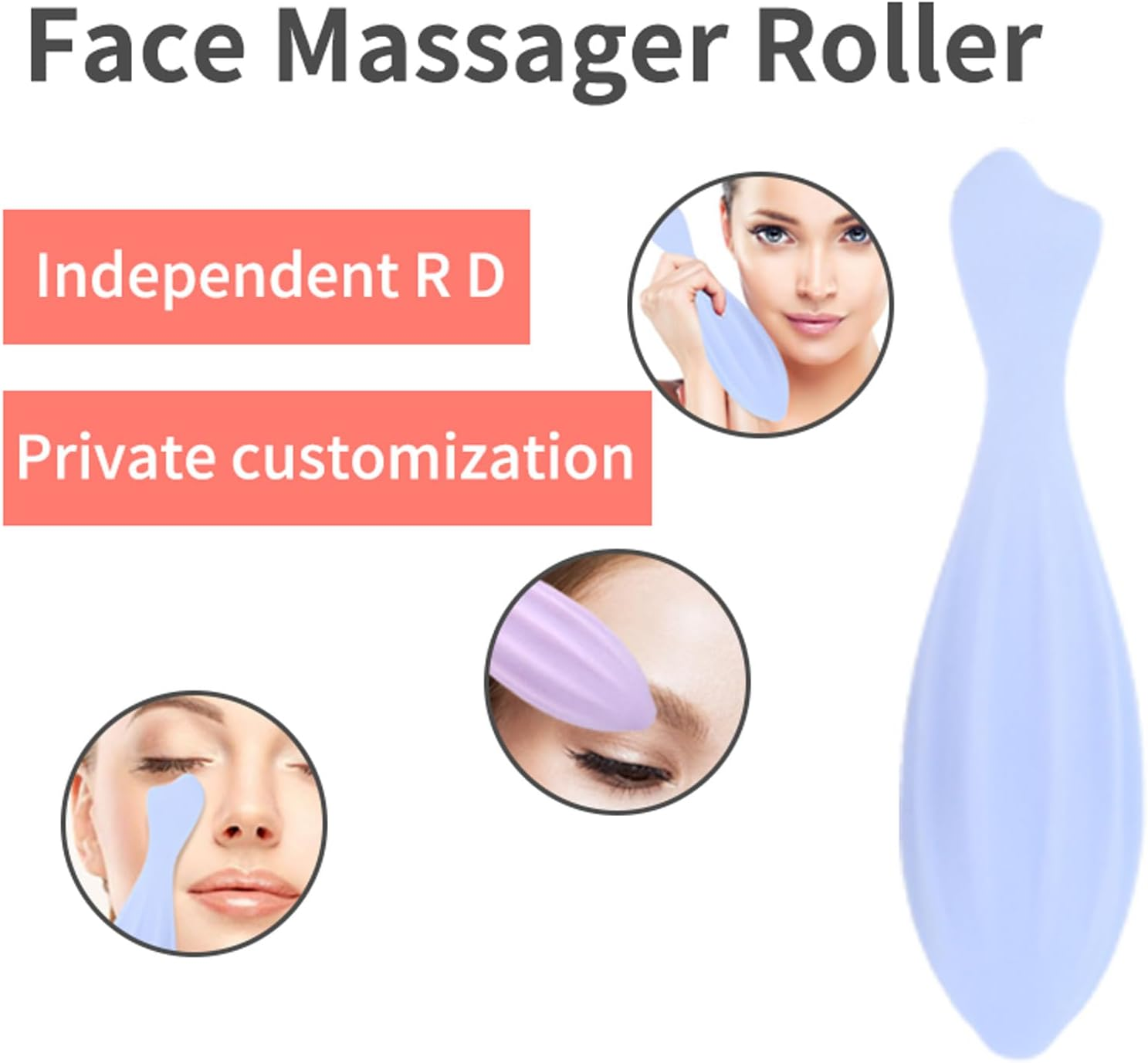 Ein lilafarbener Gesichts-Massage-Roller mit Texten und Bildern von Personen, die ihn anwenden.