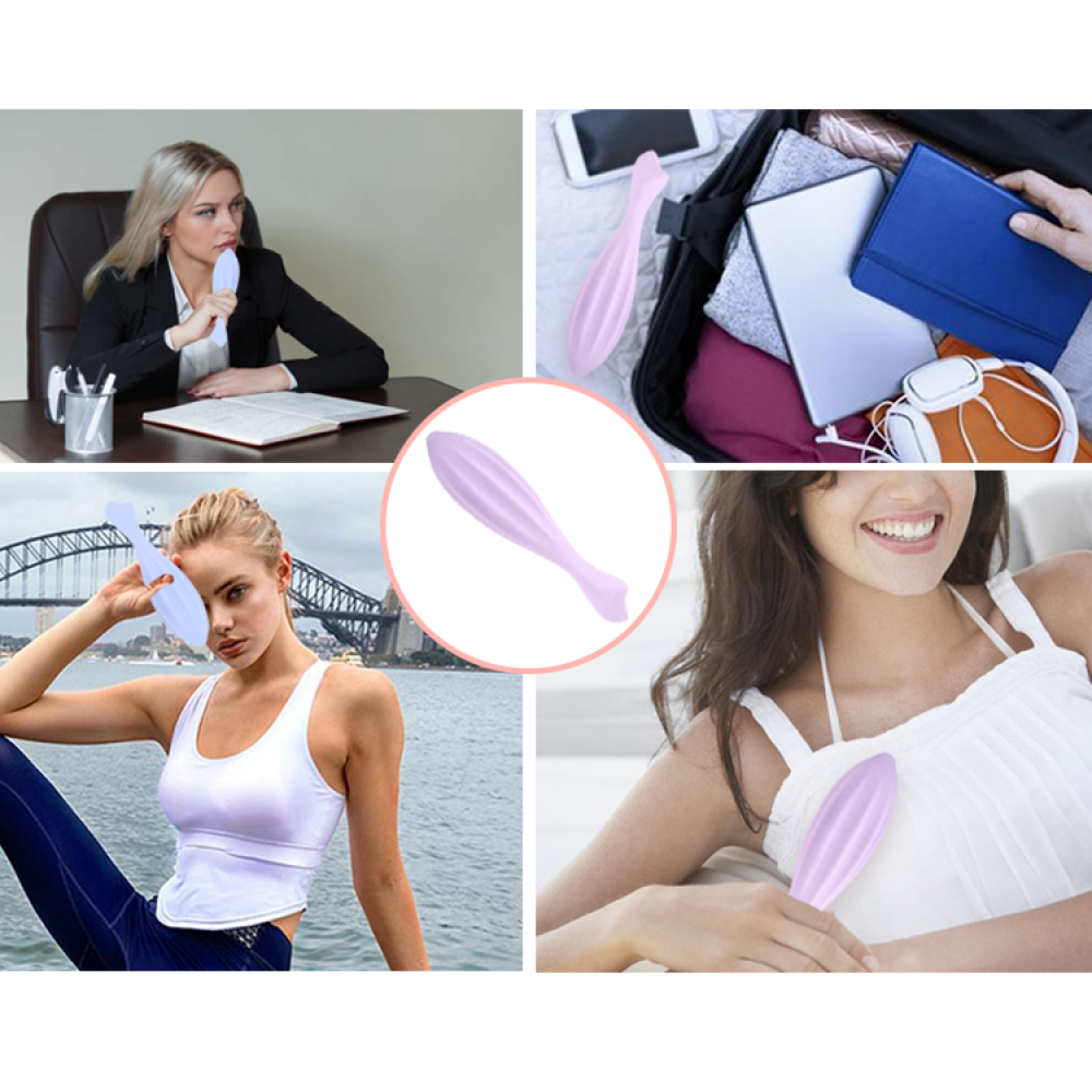 Eine Collage zeigt einen hellvioletten Massager, der von Frauen in verschiedenen Situationen genutzt wird.