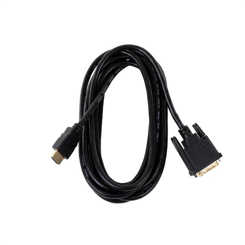 Ein zusammengerolltes schwarzes HDMI-zu-DVI-Kabel auf weißem Hintergrund mit vergoldeten Anschlüssen.