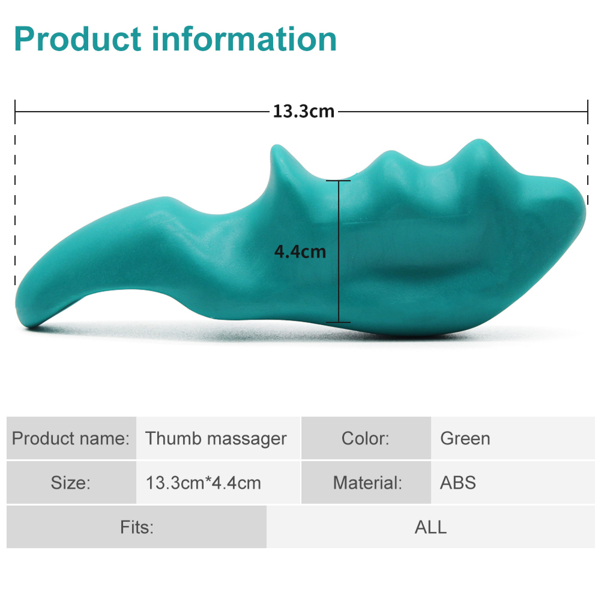 Grünes Hand-Massagegerät mit den Maßen 13.3cm mal 4.4cm und Produktdetails darunter.