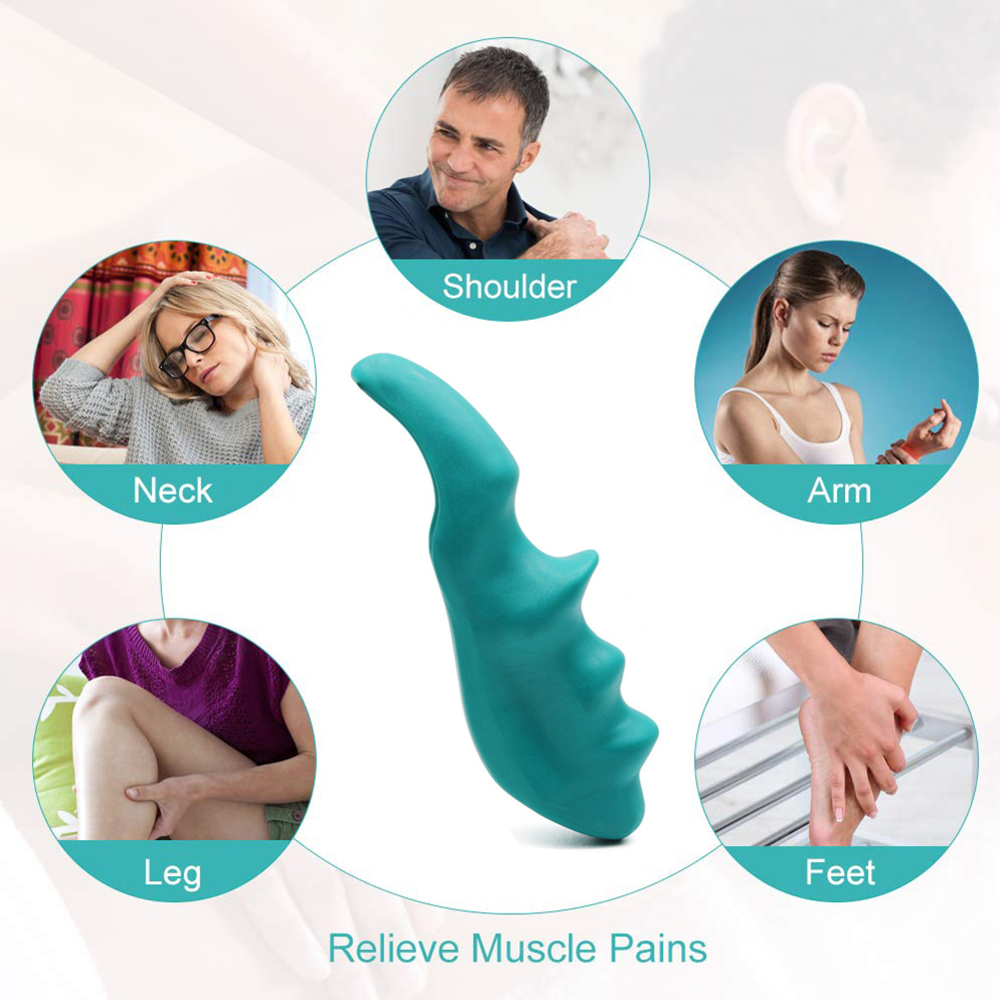 Türkisfarbenes Massagegerät im Zentrum, umgeben von Bildern, die Schulter-, Nacken-, Arm-, Bein- und Fußmassage zeigen.