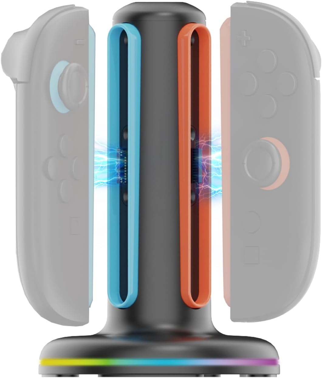 Schwarze Ladestation mit bunten Rändern und zwei Joy-Con-Controllern, umgeben von blauen Blitzen.
